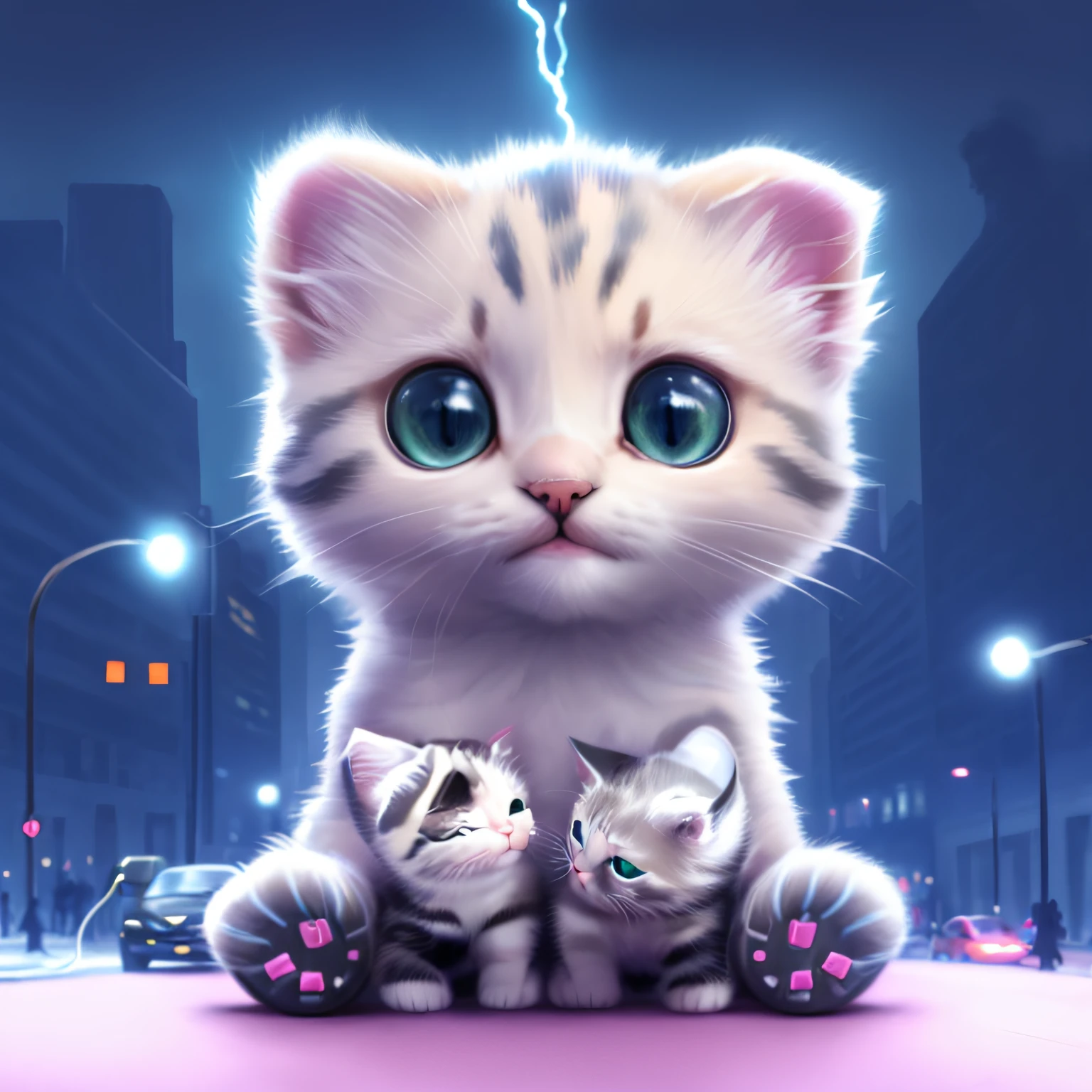 kittens in the city with lots of electric cars