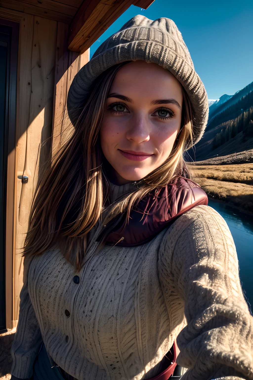 1 woman((upper body selfie, happy)), masterpiece, best quality, ultra-detailed, solo, outdoors, (night), mountains, nature, (stars, moon) cheerful, happy, backpack, sleeping bag, camping stove, water bottle, mountain boots, gloves, sweater, hat, flashlight, forest, rocks, river, wood, smoke, shadows, contrast, clear sky, analog style (look at viewer:1.2) (skin texture) (film grain:1.3), (warm hue, warm tone) :1.2), close up, cinematic light, sidelighting, ultra high res, best shadow, RAW, upper body, wearing pullover