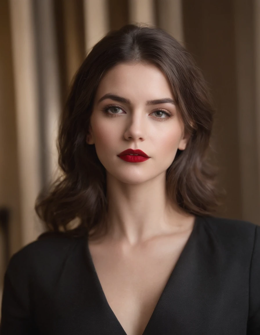 Moda dos anos 2010, mid closeup, Canon EF 85mm f/1.2L II USM, A woman is sitting in an office, with a black jacket and red lips, emphasis on facial expression, Moda de rua