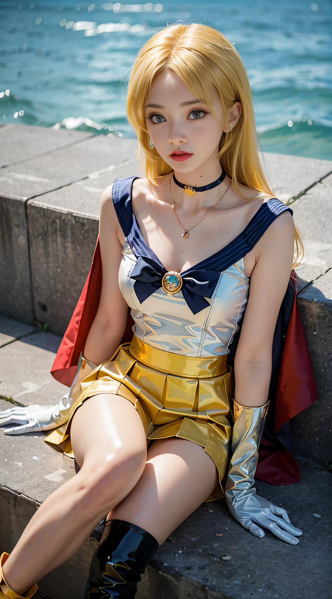 ((masterpiece:1.4)、(top-quality:1.4)、(reallistic:1.7))、masuter piece:1.4、a beauty girl、(Sailor Moon:1.4)、Tsukino Usagi、Body Fit Sexy Sailor Senshi Uniform、(latex shiny)、(The jacket is a white sleeveless sailor suit)、(Skirt is blue sexy ultra ultra mini skirt)、The collar of the sailor suit is blue with two thin lines.、high leg swimsuit、Red cloth ornament on chest、(Wearing white gloves)、Kawaii Girl、Super beauty、foco nítido、Portrait photos、Upper body photography:1.4、beautiful countenance、beautidful eyes、Narrow waist、(Yellow hair:1.4)、(length hair:1.2)、Raw photo、red-lips、Red boots:1.4、a choker:1.4、a necklace:1.4、耳Nipple Ring:1.4、Luxurious golden tiara on forehead:1.4、1 screen display、Outdoor landscape