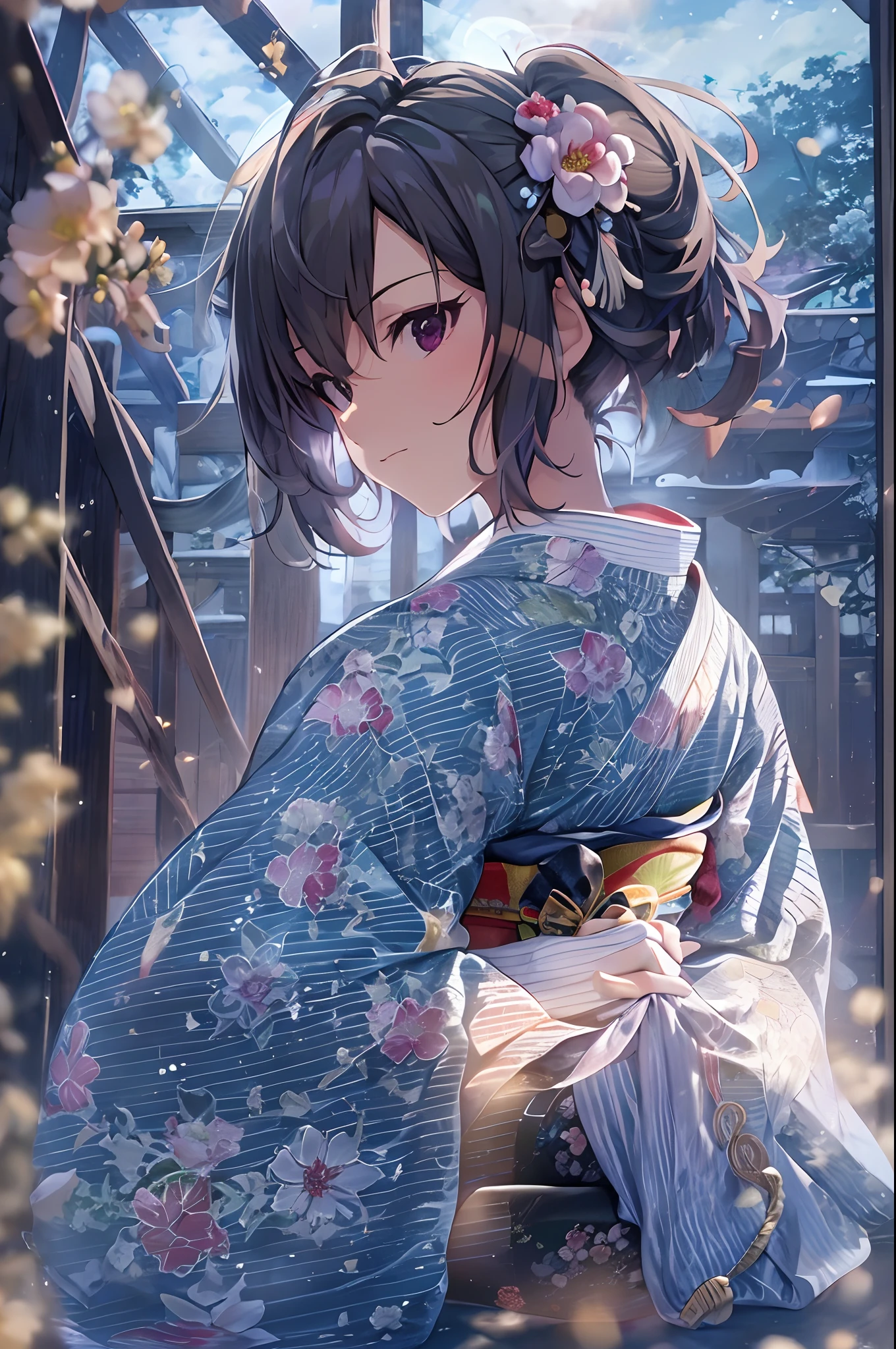 cinematic angle,night,sky,beautiful clouds,detailed background,constellation,starry sky, 1girl,solo,shiny skin,head tilt,slight smile,full body,wide shot,(kimono, floral print, obi, ribbon, yukata:1.2),snowflakes,thighhighs,reflective floor, whole body, (8k, RAW photo, best quality, masterpiece:1.2, masterpiec8K.HDR. highresabsurdres:1.2, film grain, blurrybokeh:1.2, lens flare, (vibrant color:1.2), (delicate))