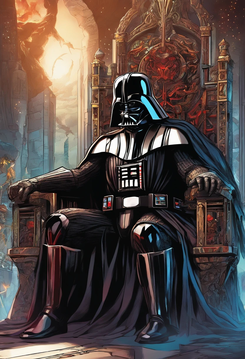 Darth Vader seated on his throne emerges as the supreme symbol of the power of the dark side with fury as he inflicts fear and obedience wherever he goes photorealistic well detailed 8K UHD cinematic masterpiece Dark throne with skulls around it, Hyper realistic, Octane rendering, mega realistic, turbulent sky in the background, best quality, masterpiece