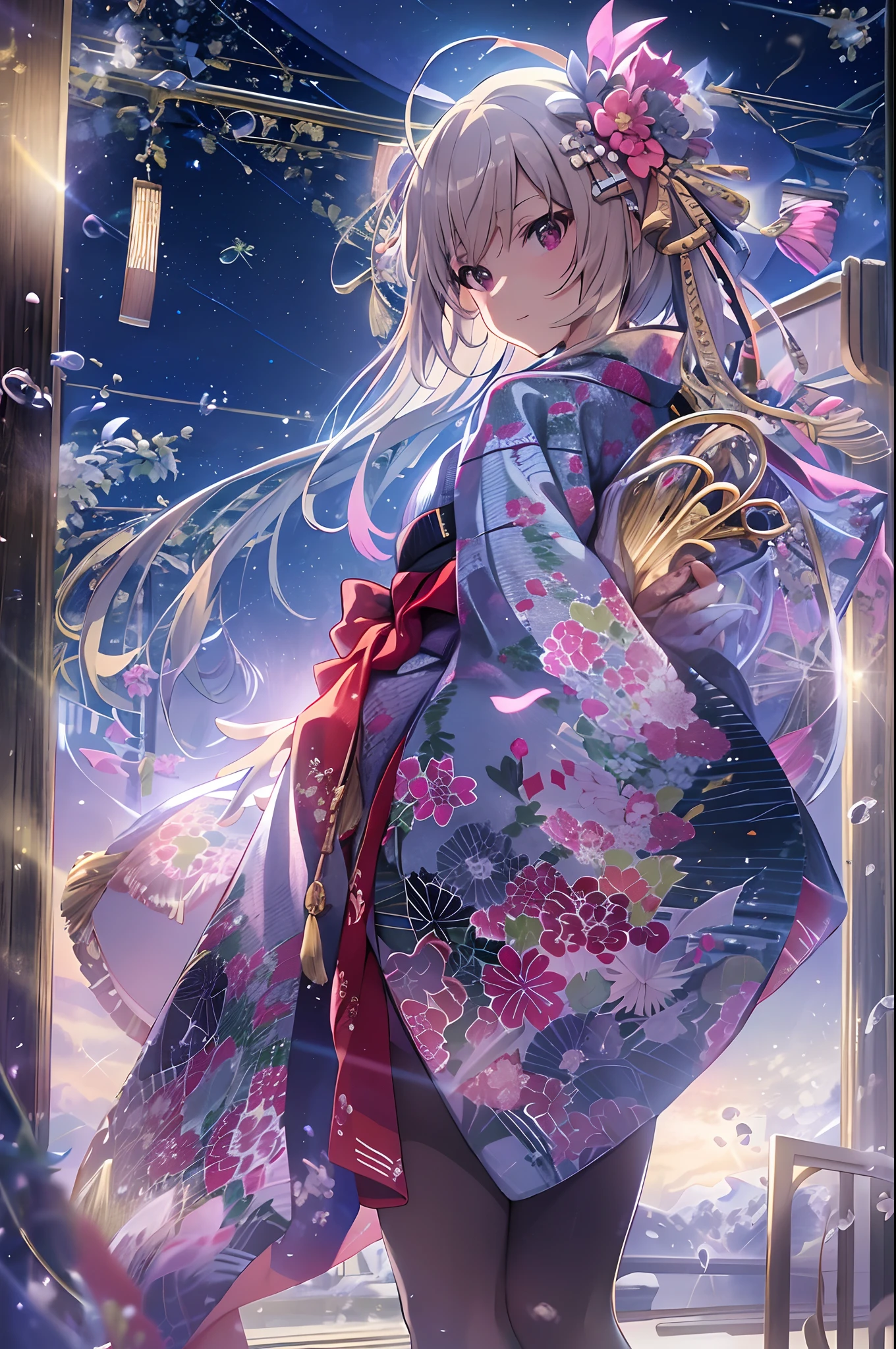 cinematic angle,night,sky,beautiful clouds,detailed background,constellation,starry sky, 1girl,solo,shiny skin,head tilt,slight smile,full body,wide shot,(kimono, floral print, obi, ribbon, yukata:1.2),snowflakes,thighhighs,reflective floor, whole body, (8k, RAW photo, best quality, masterpiece:1.2, masterpiec8K.HDR. highresabsurdres:1.2, film grain, blurrybokeh:1.2, lens flare, (vibrant color:1.2), (delicate))