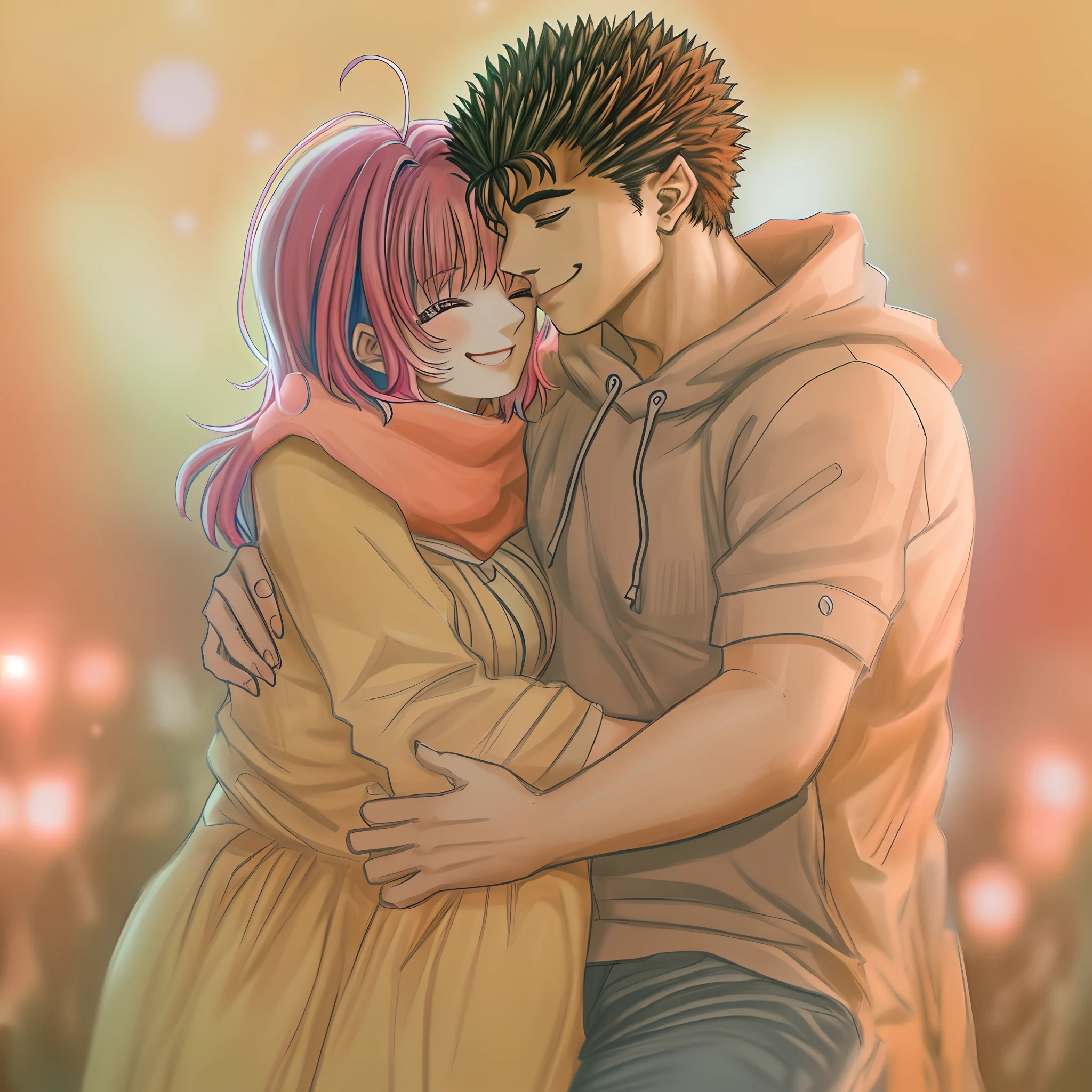 riamu,guts,couple,husband and wife,love dovey couple,sitting,hug,kiss,smile,(best quality,4k,8k,highres,masterpiece:1.2),ultra-detailed,(r1.37),portraits,vivid colors,warm tones,soft lighting, hug, pregnant