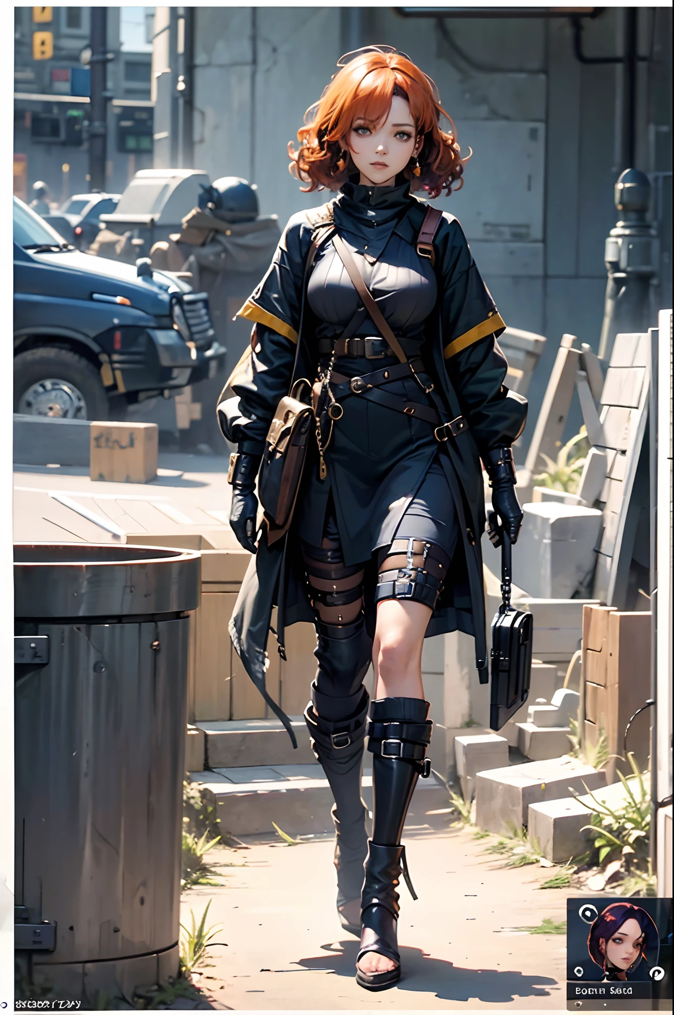 a close up of a woman in a dark purple outfit standing in front of a screen, ((with orange short curly hair)), a screenshot by Josetsu, polycount, process art, pc game with ui, full character, main character, in game, 8 k character details, leaked image, in-game, in - game, inventory item, screencapture, hd screenshot, new character, ingame image