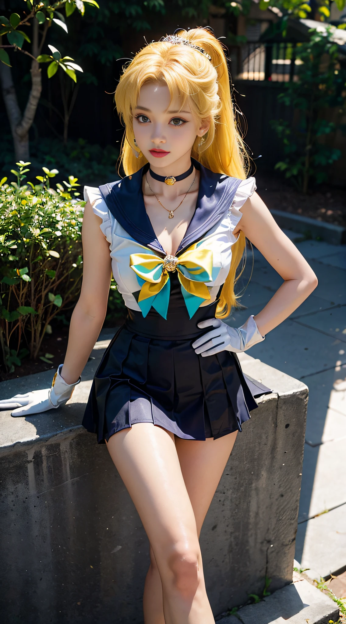 ((masterpiece:1.4)、(top-quality:1.4)、(reallistic:1.7))、masuter piece:1.4、a beauty girl、(Sailor Moon:1.4)、Tsukino Usagi、Body Fit Sexy Sailor Senshi Uniform、(latex shiny)、(The jacket is a white sleeveless sailor suit)、(Skirt is blue sexy ultra ultra mini skirt)、The collar of the sailor suit is blue with two thin lines.、high leg swimsuit、Red cloth ornament at chest、(Wearing white gloves)、Kawaii Girl、Super beauty、foco nítido、Portrait photos、Upper body photography:1.4、beautiful countenance、beautidful eyes、Narrow waist、(Yellow hair:1.4)、(length hair:1.2)、Raw photo、red-lips、Red boots:1.4、a choker:1.4、a necklace:1.4、耳Nipple Ring:1.4、Luxurious golden tiara on forehead:1.4、1 screen display、Outdoor landscape