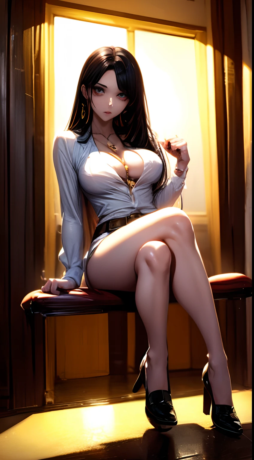 female demigod, Petite body, black middle length hair, devil pupils, eye glass, White shirt, Cross necklace, brown monk shoes, shaded face, Villain, anime figure