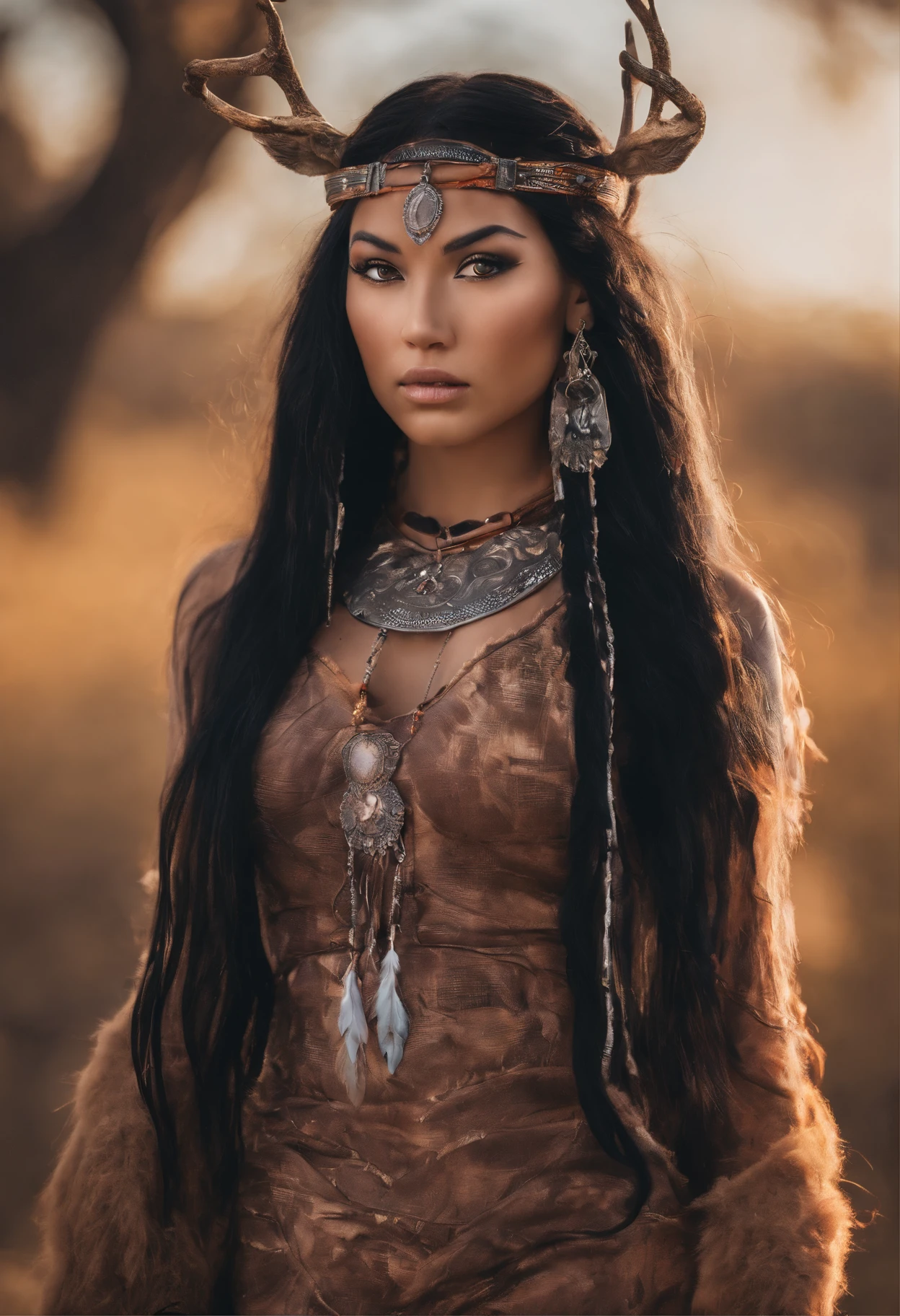 1 girl, Native American, Long black hair, twin braids, Brown eyes, In a mini dress made of deer skin, Jewerly Native American, Very tanned skin, jour, Open plains, absurdress, hight resolution, Ultra-spicy, 8K, Masterpiece, looking a viewer, hair blowing in wind, large bust,