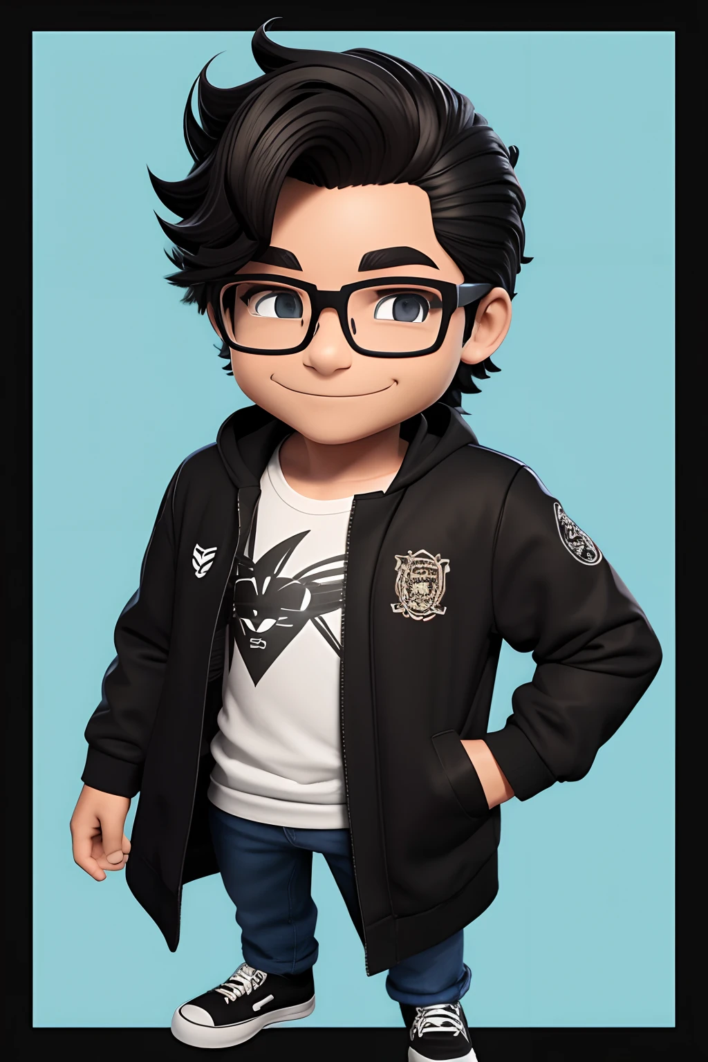 Personagem MASCULINO, SORRINDO, FELIZ, CONTENTE, ALEGRE, CARTOON, chibi, Hand drawn and painted, animification,cinematografic,Smooth aesthetics with room for contrasts,utilizar a cor preta de forma reservada,Um jovem SUPER FEIZ, wearing glasses and a BLACK jacket ,cerca de 30 anos de idade,cabelo curto e ondulado castanho,olhos castanhos,3 d animation.