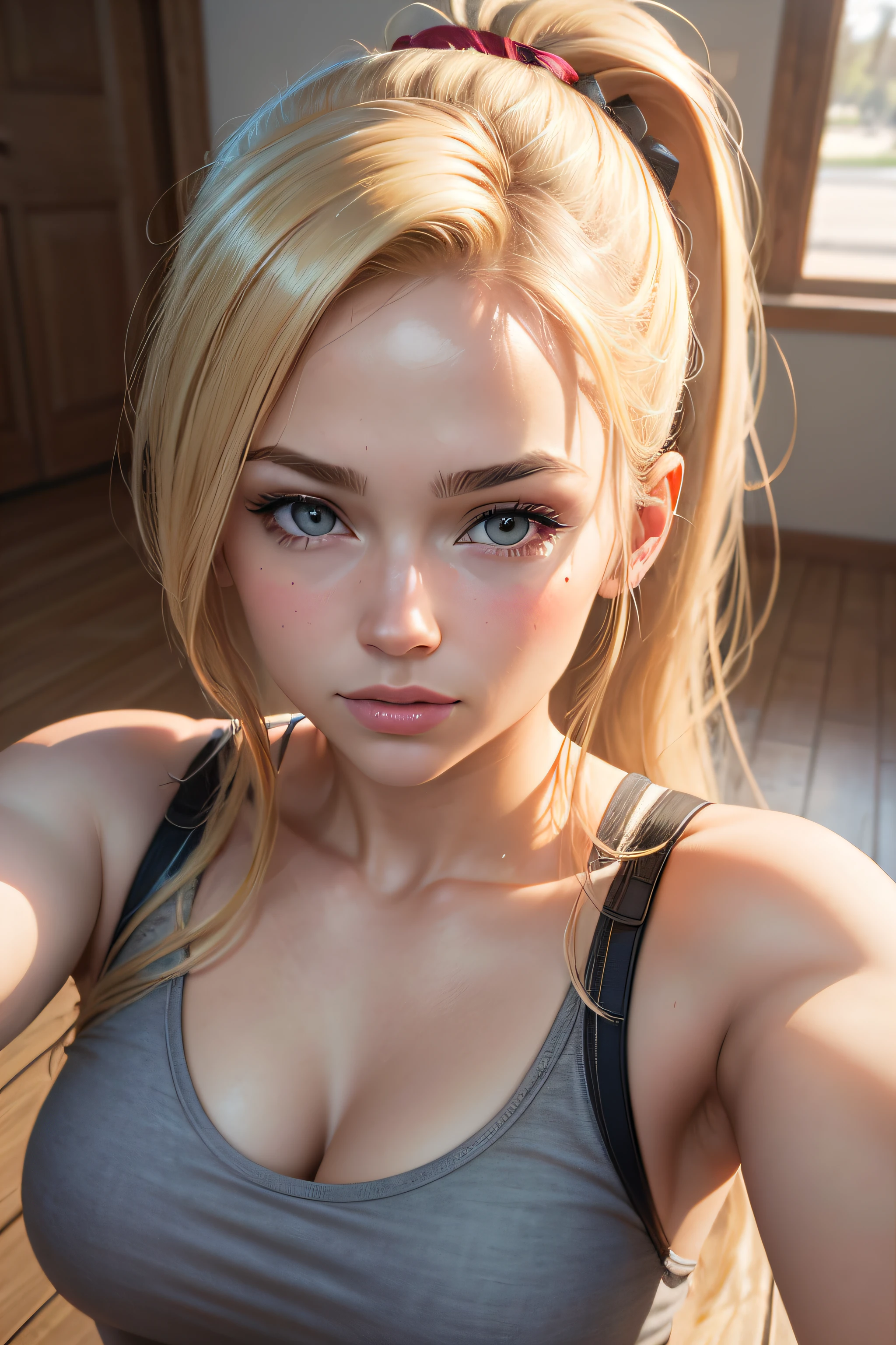 Blonde ponytail, busty, cleavage, camisole, shorts, (pov, close shot)