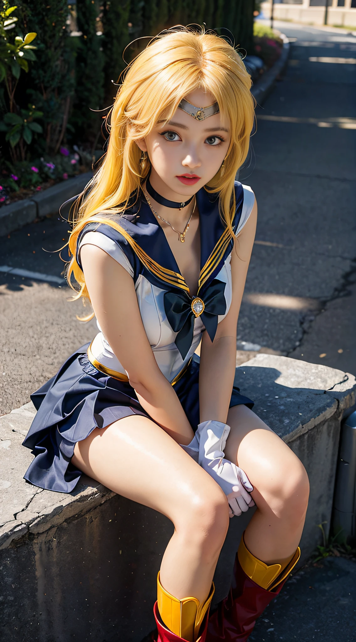 (Best Quality, Ultra High Resolution, Masterpiece, RAW Photo, Realism: 1.6), 16K, ((Sailor Moon Sailor Moon Costume: 2)) from Sailor Moon, (1 Japanese women cosplay Sailor Moon), (huge: 2, thick thighs: 3), (blue miniskirt: 2, long white-blonde hair: 1.8, white stockings, mature smile), kneeling, white background, red thigh high boots, full body shot, wide angle view, squatting, small red bow