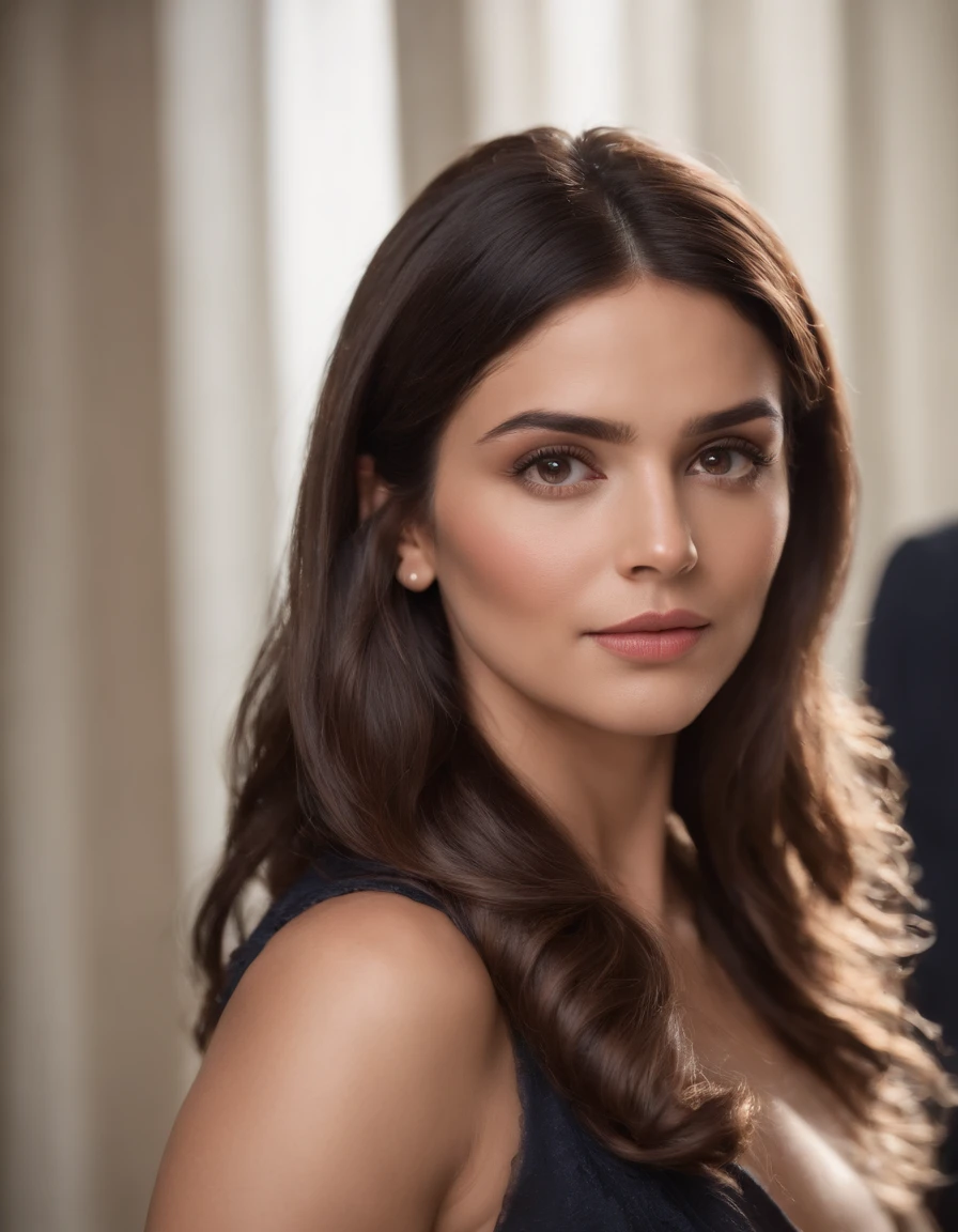 foto realista mulher morena cabelos longos ondulados roupa de executiva