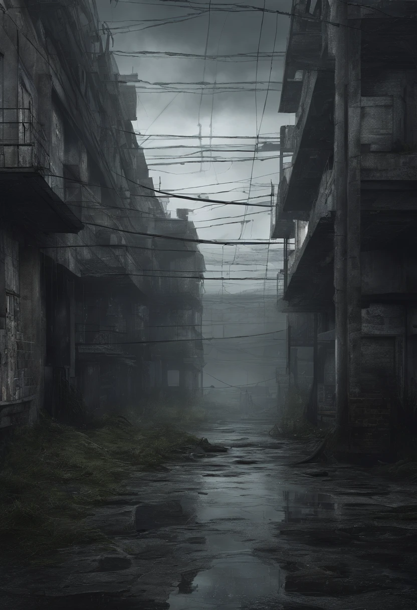 Vila abandonada, interior do pais, arvores caidas, noite sombria,Heavy rains fell。completamente realista, Full high resolution, bem feito,rico em detalhes