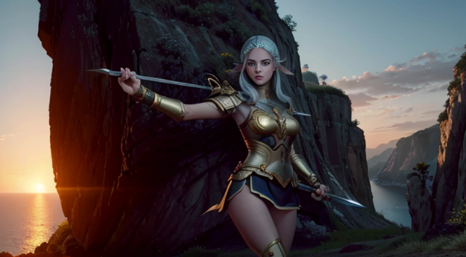 1 tall elf woman, with beautiful white hair, best quality, (beauty), narrow waist, thin, big eyes, long legs, (small breasts), swollen eyes, facing the cliff, late afternoon, (sunset), facing the viewer, fighting posture, (holding a sword and shield), a cold expression, gold and black armor all over her body.