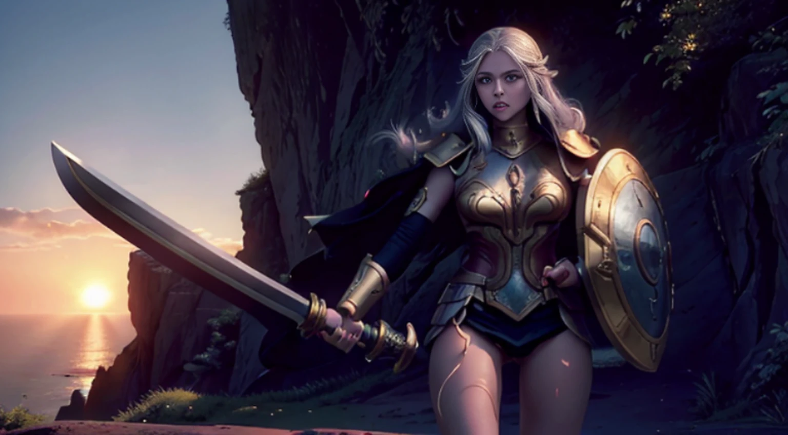 1 tall elf woman, with beautiful white hair, best quality, (beauty), narrow waist, thin, big eyes, long legs, (small breasts), swollen eyes, facing the cliff, late afternoon, (sunset), facing the viewer, fighting posture, (holding a sword and shield), a cold expression, gold and black armor all over her body.