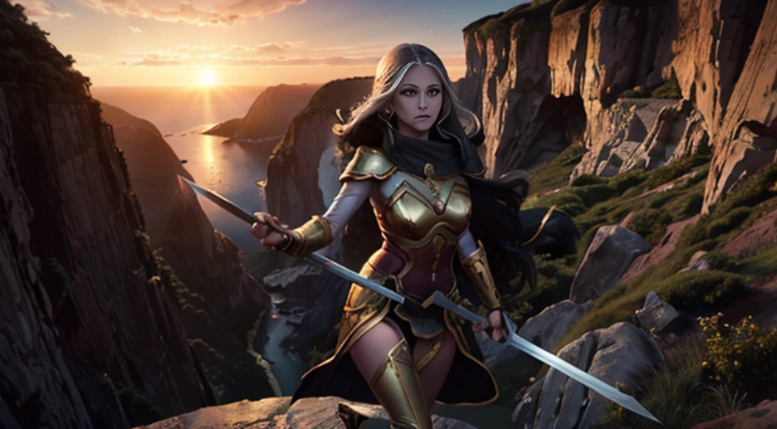 1 tall elf woman, with beautiful white hair, best quality, (beauty), narrow waist, thin, big eyes, long legs, (small breasts), swollen eyes, facing the cliff, late afternoon, (sunset), facing the viewer, fighting posture, (holding a sword and shield), a cold expression, gold and black armor all over her body.