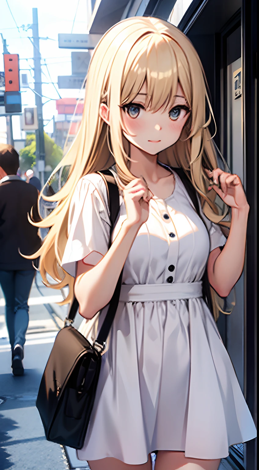 (((masterpiece))), MarinKitagawa, 1girl, long hair, looking at viewer, blush, smile, open mouth, skirt, blonde hair, large breasts, shirt, red eyes, 1boy, holding, cleavage, jewelry, school uniform, white shirt, :d, pleated skirt, earrings, outdoors, necktie, teeth, solo focus, choker, collared shirt, bag, blurry, bracelet, blue skirt, plaid, blurry background, black choker, plaid skirt, phone, piercing, cellphone, ear piercing, holding phone, school bag, blue necktie, tied shirt, bead bracelet,