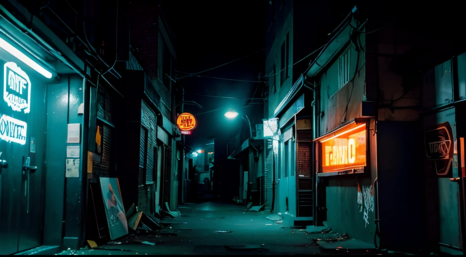 alley way, graffiti, 707, night time, dark, neon sign, convivence store entry, 707 Sign, table and broken TV on it
