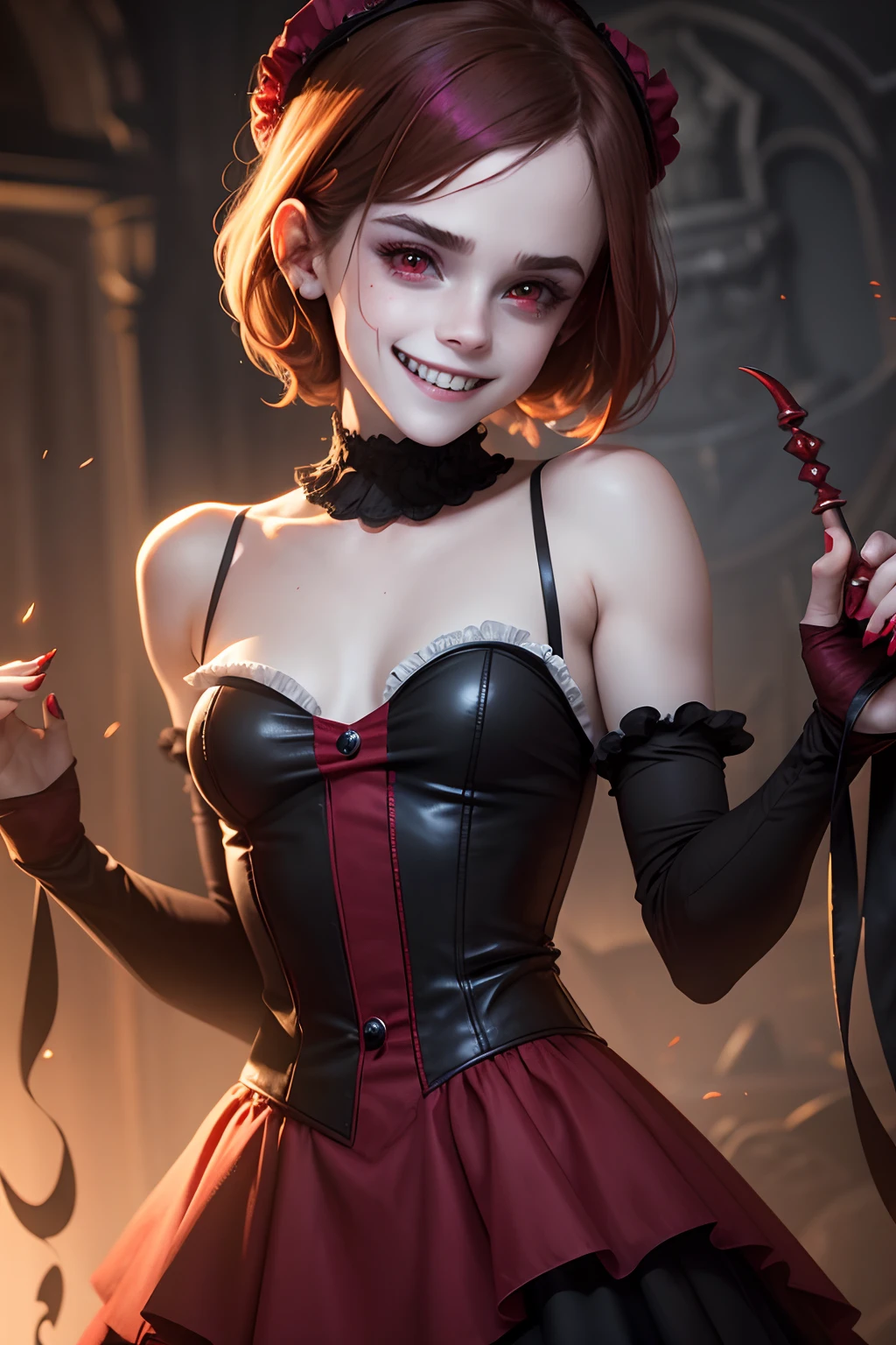 nsfw, Emma Watson as a sinister devilish clown , smile