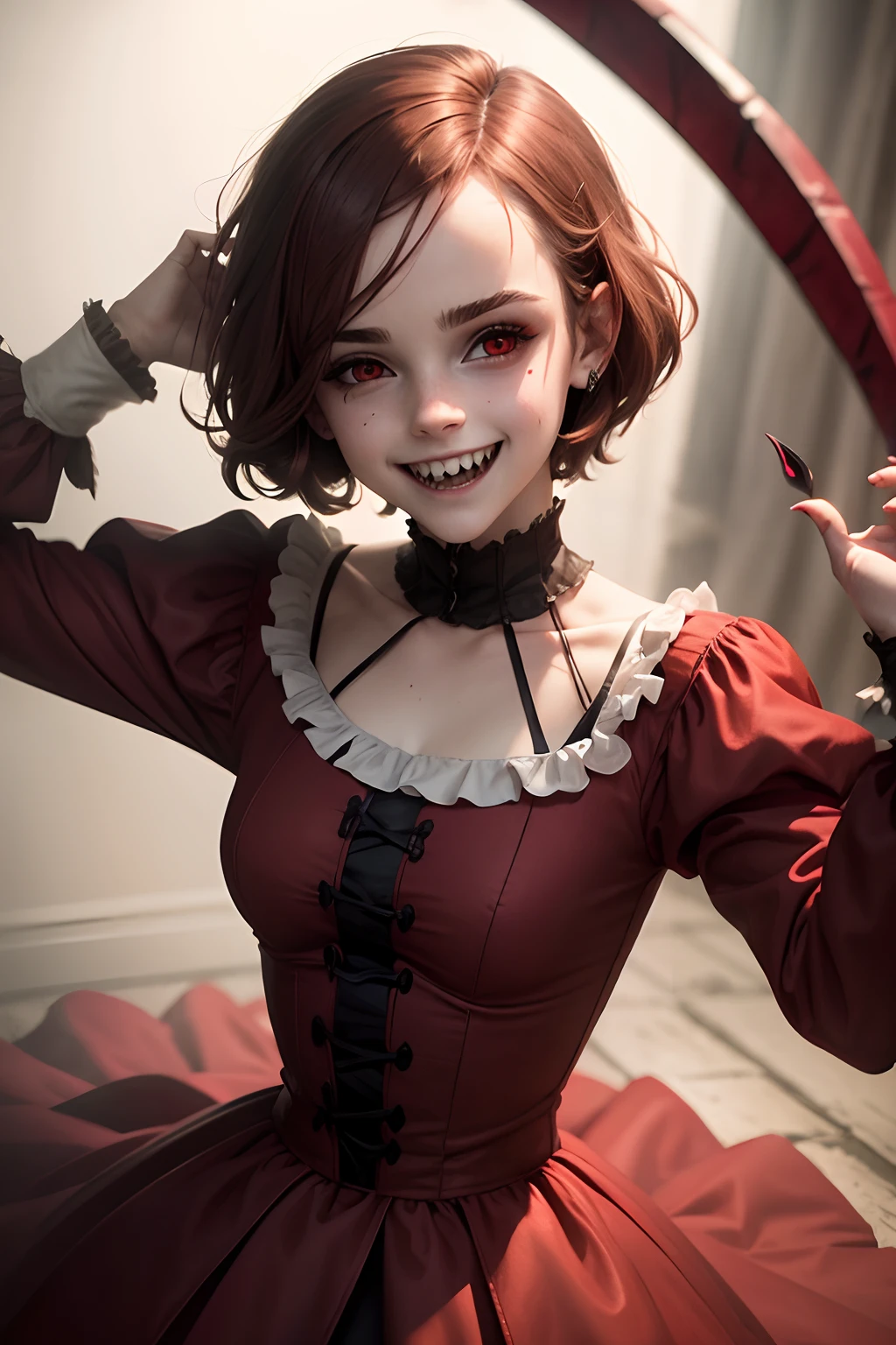 teen Emma Watson as a creepy sinister devilish clown with a demonic smile and long sharp teeth. red eyes.