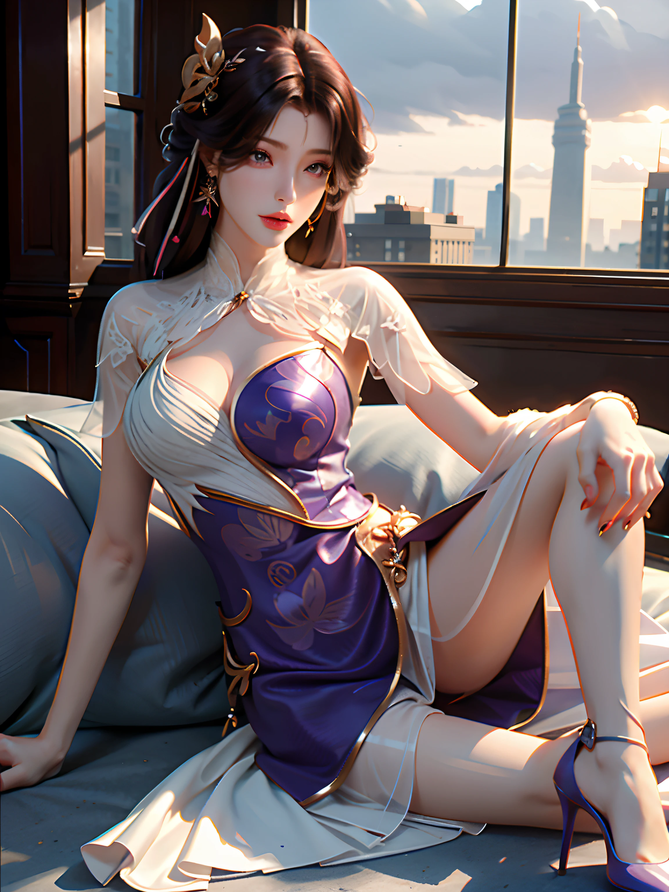 ((top-quality,16k,tmasterpiece:1.3)),(((Yun Xi))0,Beautiful Women in Perfect Shape:1.3,((lewd poses)),((high-heels))),(In the city),((Antique long dress))