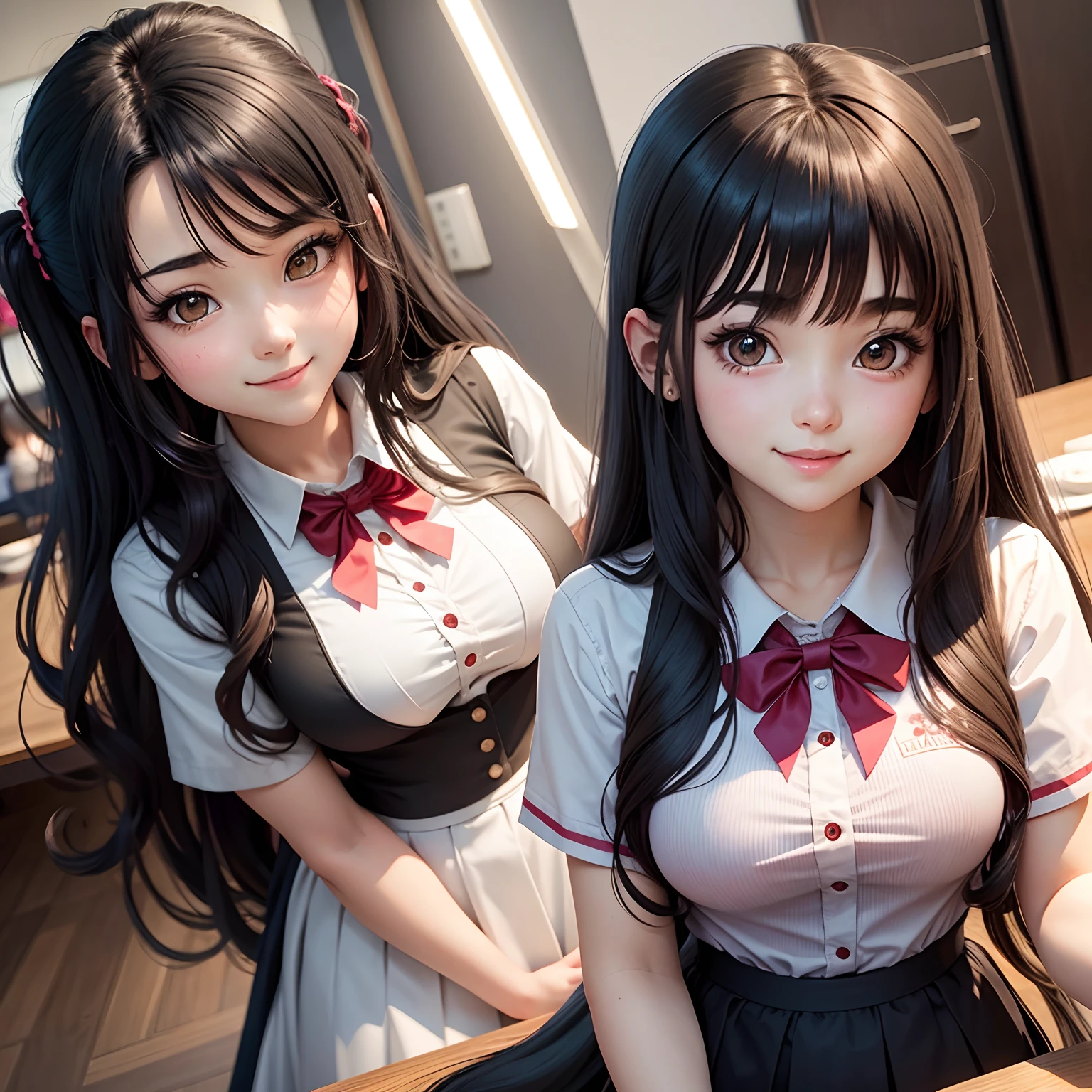 Arya, 1girl, solo, long hair, blue eyes, ahoge, bow, looking at viewer, red bow, jacket, bowtie, long sleeves, breasts, shirt, open jacket, red bowtie, door, cowboy shot, collared shirt, indoors, school uniform, white hair, standing, open clothes, skirt, bangs, dress, grey jacket, black dress, blush, pleated skirt, parted lips, medium breasts, pleated dress, white shirt, hair between eyes, white jacket, hand up, blazer, black skirt, thighs, open door, hallway, (two heads)