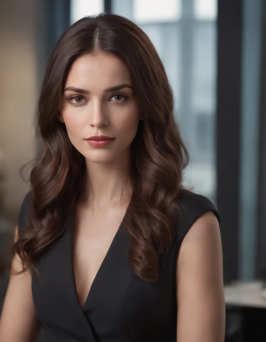 Photo: Realistic brunette woman, wavy long hair, executive outfit in office with face facing forward