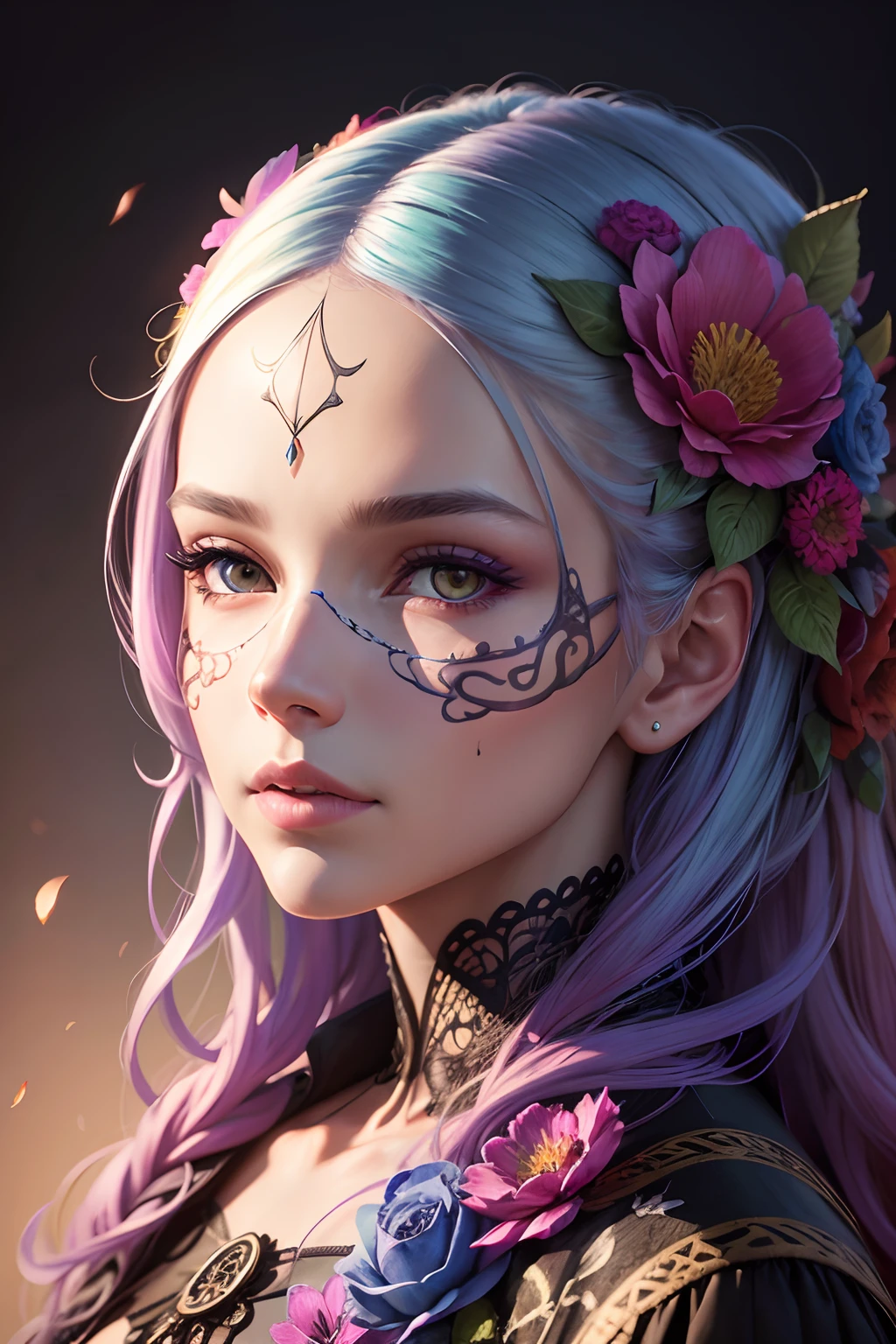 Highly detailed portrait of a vibrant floral skull, unique and striking art, stunning photography, photorealistic, soft pastel colours, highly detailed, intricate, path tracing, illustration, insanely detailed, shadow mapping volumetric light, specular lighting