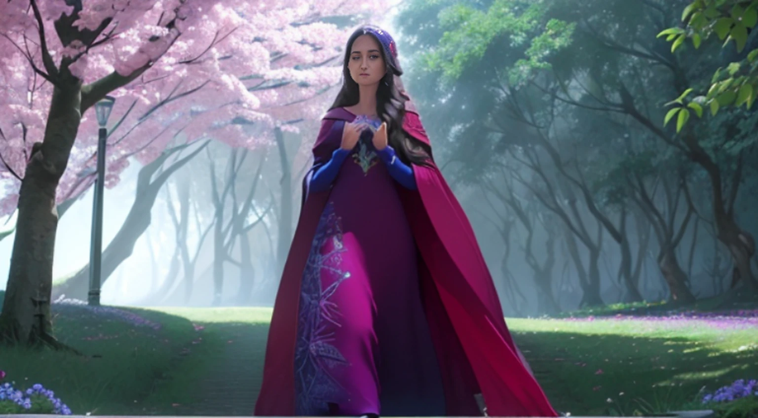 A woman in a light pink dress standing in a cherry forest, Artgerm, paisagem realista, Artgerm detalhado, olhos perfeitos, rosto perfeito, Ultra Detalhado, tiro de corpo inteiro, (?????????????: 1.5), realista, realista, (obra-prima: 1.5), arte conceitual, detalhes intrincados, altamente detalhado, realista, octane rendering, 8K, motor irreal, dinamic pose, melhor qualidade, alta resolução, (rosto realista: 1.1), (hiper-realismo: 1.1) , ((full_body)), olhos perfeitos, (pele brilhante: 1.2), ((penteado))), ((perfect hands))), (fundo muito detalhado), ((dynamic background), ((rain day), (cerejeiras), ((1girl)), Vestindo um manto, (((Manto de fluxo))), ((Olhos detalhados, Olhos de alta qualidade, Rosto de alta qualidade)), vestido azul claro extremamente complexos, magical robes), magia, (dramatic), epic, campo de flores, profundidade de campo, bokeh, 4k, gotica, cinzas, particules.