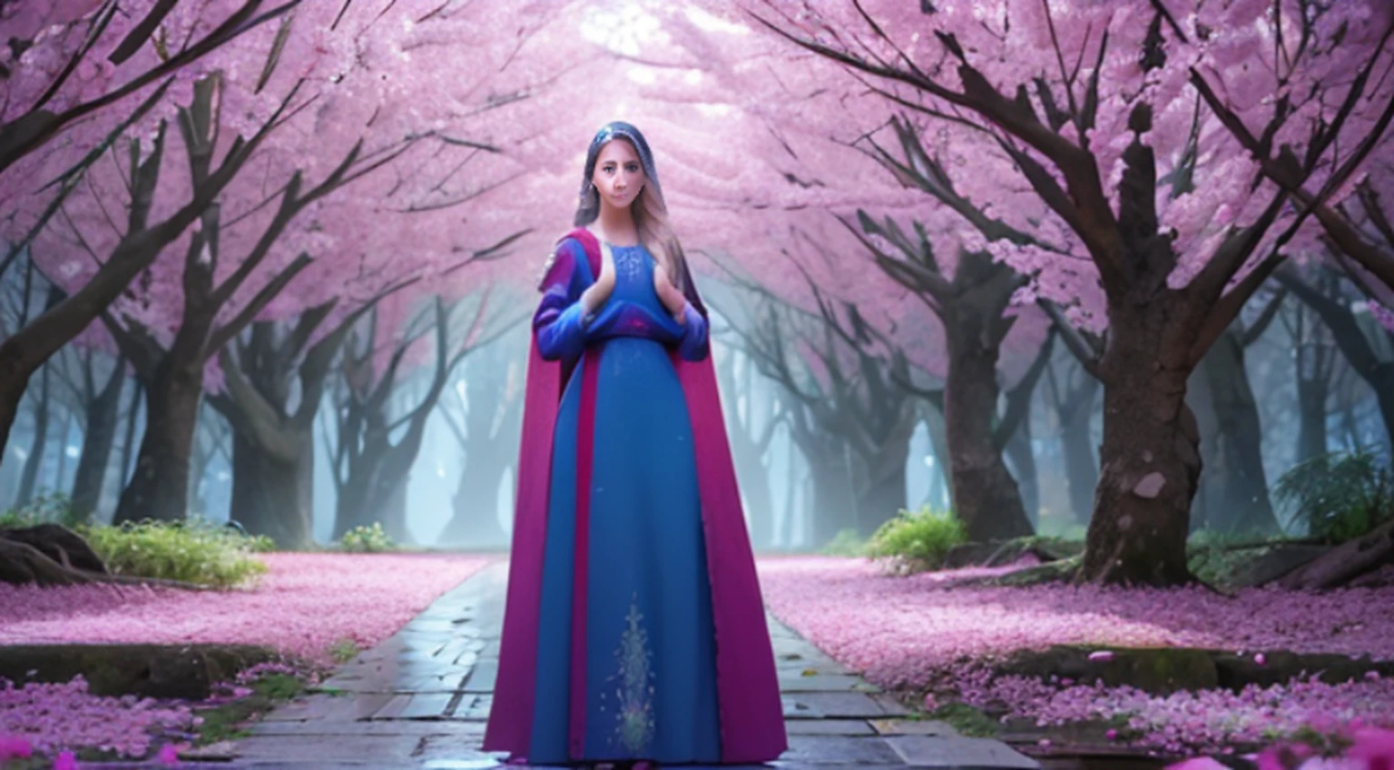 A woman in a light pink dress standing in a cherry forest, Artgerm, paisagem realista, Artgerm detalhado, olhos perfeitos, rosto perfeito, Ultra Detalhado, tiro de corpo inteiro, (Skindentation: 1.5), realista, realista, (obra-prima: 1.5), arte conceitual, detalhes intrincados, altamente detalhado, realista, octane rendering, 8K, motor irreal, dinamic pose, melhor qualidade, alta resolução, (rosto realista: 1.1), (hiper-realismo: 1.1) , ((full_body)), olhos perfeitos, (pele brilhante: 1.2), ((penteado))), ((perfect hands))), (fundo muito detalhado), ((dynamic background), ((rain day), (cerejeiras), ((1girl)), Vestindo um manto, (((Manto de fluxo))), ((Olhos detalhados, Olhos de alta qualidade, Rosto de alta qualidade)), vestido azul claro extremamente complexos, magical robes), magia, (dramatic), epic, campo de flores, profundidade de campo, bokeh, 4k, gotica, cinzas, particules.