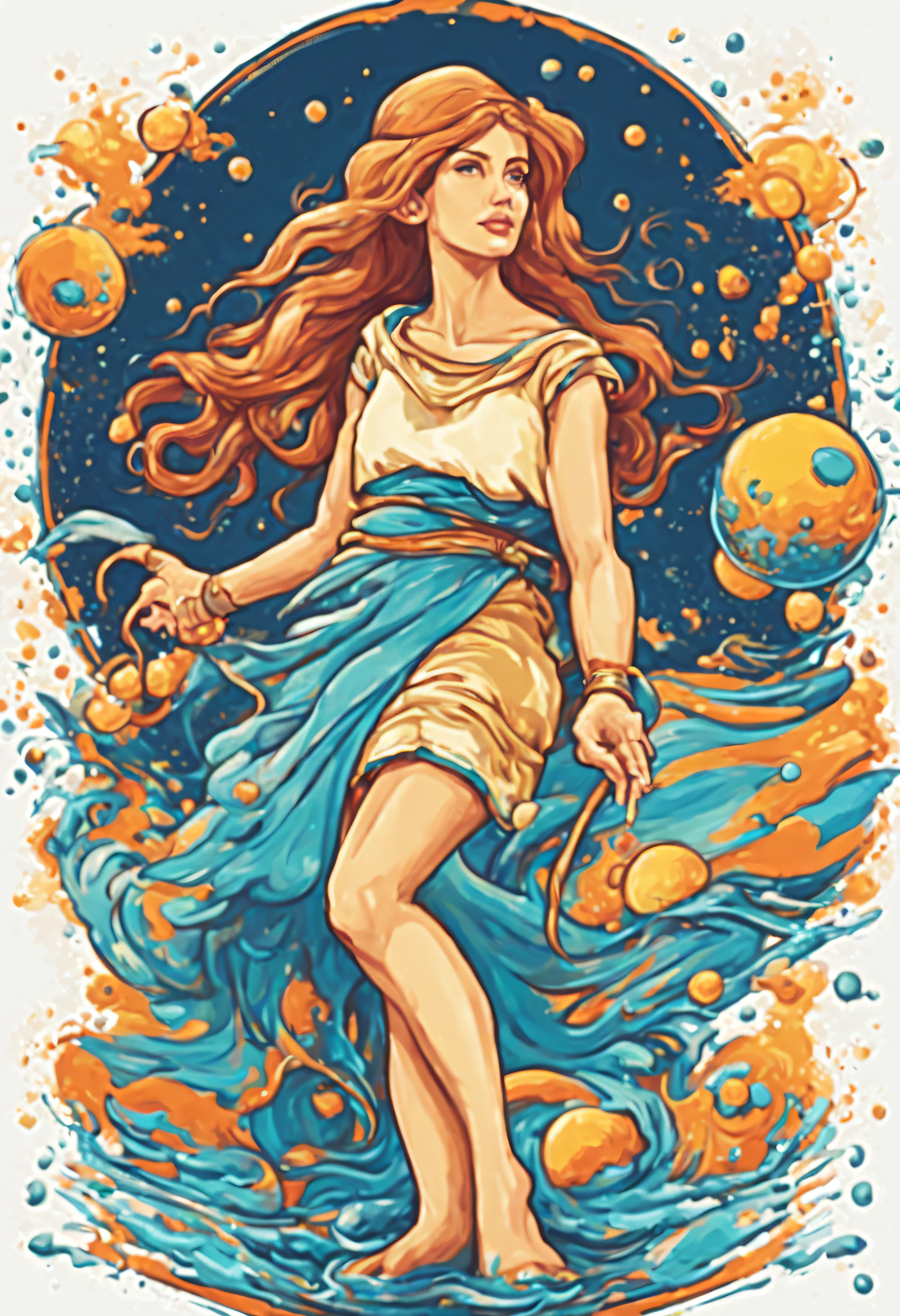 T-shirt graphic design art, Flat illustration: Aquarius is the eleventh sign of the zodiac and is associated with features such as independence;, originalidade, pensamento progressista e humanitarismo. Its symbolic representation, the Water Carrier, splash, symbolizes someone who carries the water of wisdom and life for humanity., tons coloridos, limpeza altamente detalhada, imagem vetorial, obra-prima fotorrealista, fotografia profissional, fundo branco liso, isometric, vibrante, vetor