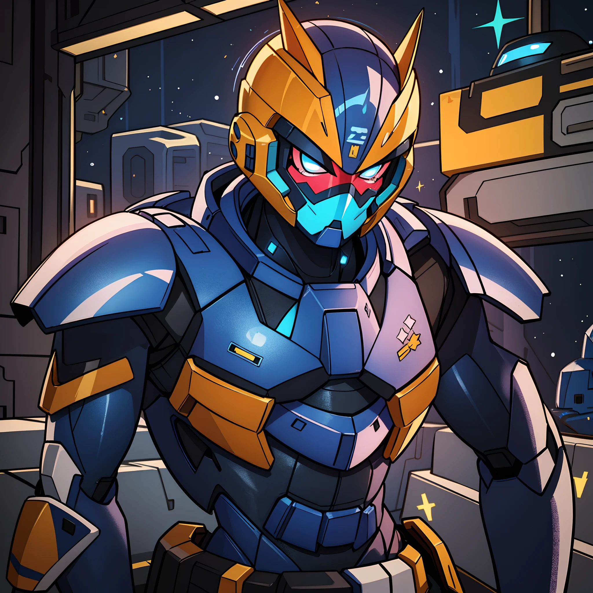 Mecha trooper space ， heroic，Rider style，a metallic feel，Blue glowing holographic eyes
