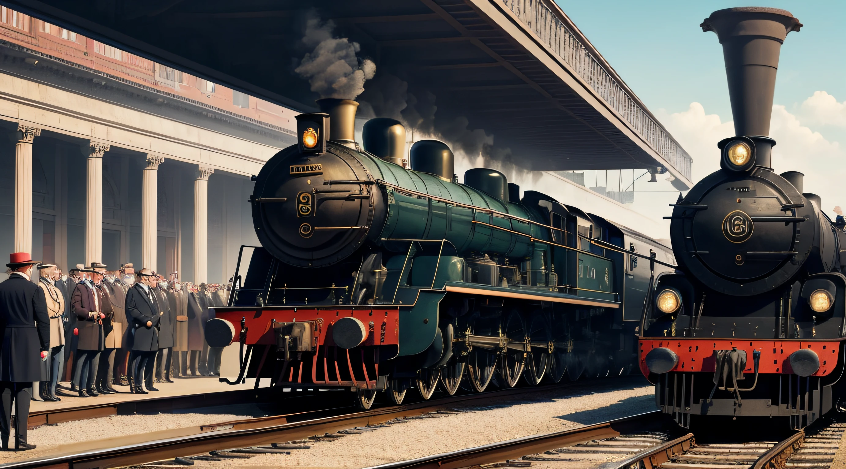Imagine a bustling train platform scene at the inauguration of a railway line. On the platform stands a 40-year-old red-haired millionaire and his 20-year-old red-haired wife, both impeccably dressed in 19th-century attire. They are surrounded by influential political figures and dignitaries. A magnificent locomotive serves as a backdrop to this historic event. Art form: Illustration, stately and dignified colors, attention to period fashion, and an atmosphere of significance and grandeur. --v 5 --stylize 1000