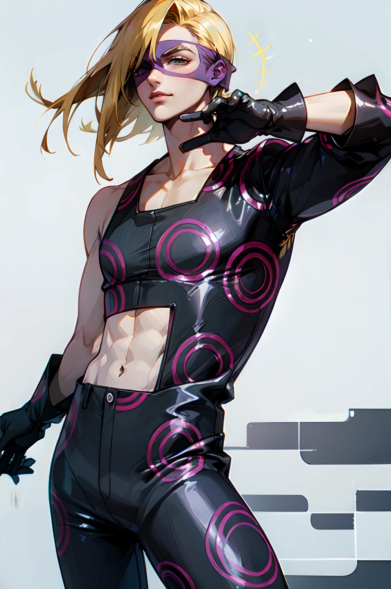 melone, solo, long hair, blonde hair, gloves, 1boy, male focus, clothing cutout, mask, single bare shoulder, domino mask, cowboy shot
