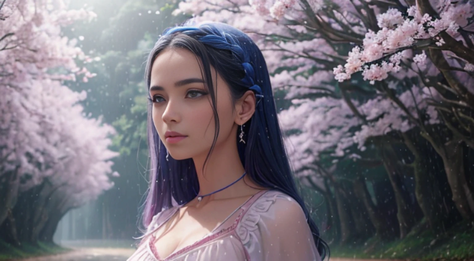 A woman in a light pink dress standing in a cherry forest, Artgerm, paisagem realista, Artgerm detalhado, olhos perfeitos, rosto perfeito, Ultra Detalhado, tiro de corpo inteiro, (Skindentation: 1.5), realista, realista, (obra-prima: 1.5), arte conceitual, detalhes intrincados, altamente detalhado, realista, octane rendering, 8K, motor irreal, dinamic pose, melhor qualidade, alta resolução, (rosto realista: 1.1), (hiper-realismo: 1.1) , ((full_body)), olhos perfeitos, (pele brilhante: 1.2), ((penteado))), ((perfect hands))), (fundo muito detalhado), ((dynamic background), ((rain day), (cerejeiras), ((1girl)), Vestindo um manto, (((Manto de fluxo))), ((Olhos detalhados, Olhos de alta qualidade, Rosto de alta qualidade)), vestido azul claro extremamente complexos, magical robes), magia, (dramatic), epic, campo de flores, profundidade de campo, bokeh, 4k, gotica, cinzas, particules.
