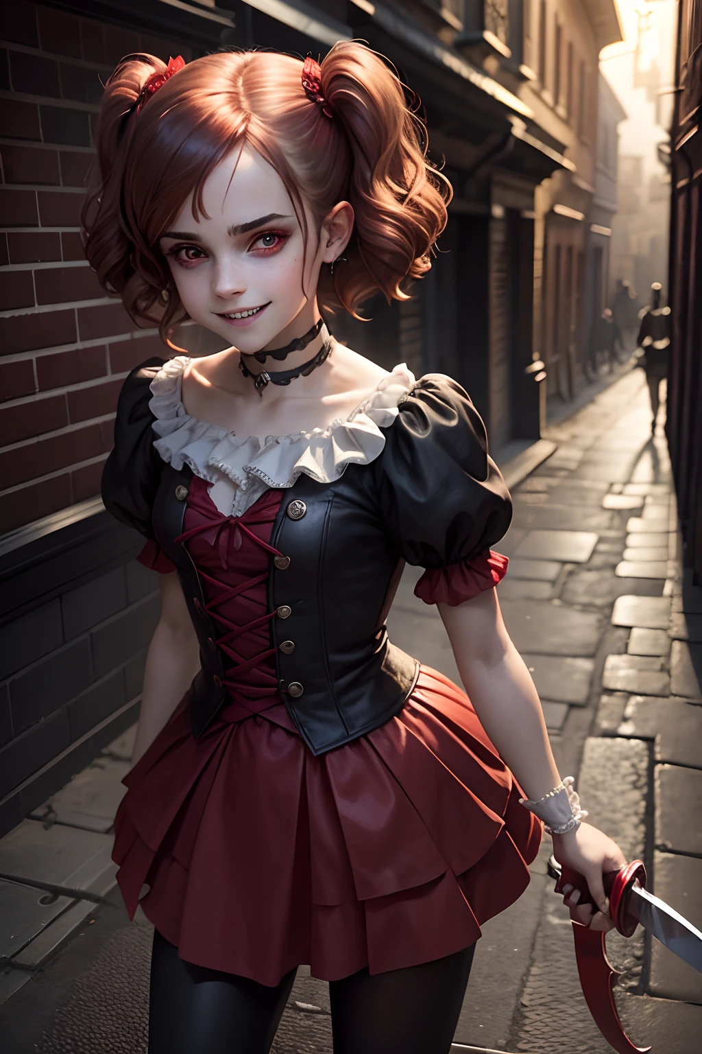 teen Emma Watson as a creepy sinister devilish clown with a demonic smile and long sharp teeth. red eyes. holding a curved blade. dark alley background.