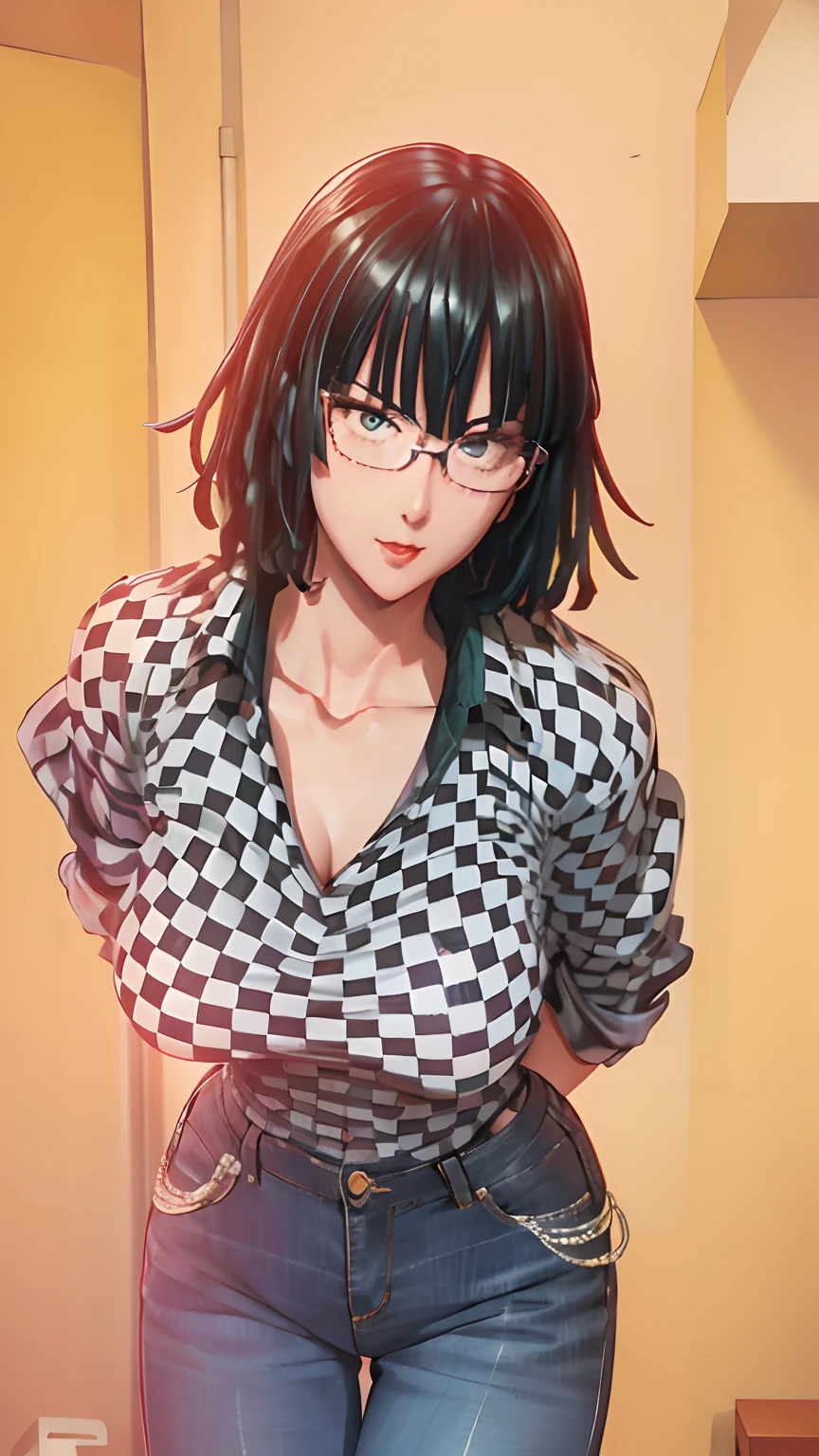Girl, smile, red lips, big nose, big tits, shorts hair, glasses, necklace, checkered patterned shirt
, Levi's trousers, sexy body, sexy pose, stand pose, view facing the camera, view facing forward
, beautiful girl, in room, realistic