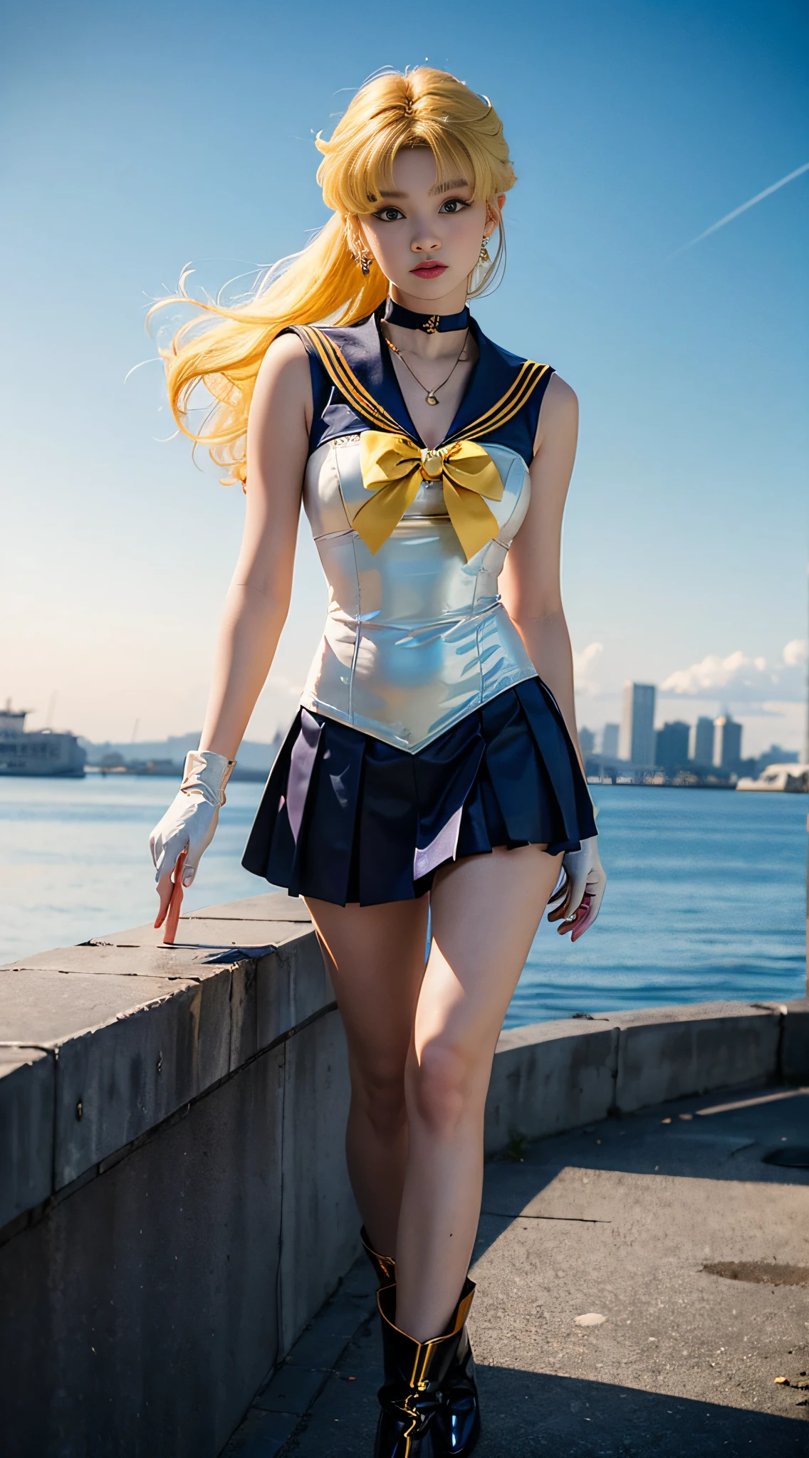 ((masterpiece:1.4)、(top-quality:1.4)、(reallistic:1.7))、masuter piece:1.4、a beauty girl、(Sailor Moon:1.4)、Tsukino Usagi、Body Fit Sexy Sailor Senshi Uniform、(latex shiny)、(The jacket is a white sleeveless sailor suit)、(Skirt is blue sexy ultra ultra mini skirt)、The collar of the sailor suit is blue with two thin lines.、high leg swimsuit、Red cloth ornament at chest、(Wearing white gloves)、Kawaii Girl、Super beauty、foco nítido、Portrait photos、Upper body photography:1.4、beautiful countenance、beautidful eyes、Narrow waist、(Yellow hair:1.4)、(length hair:1.2)、Raw photo、red-lips、Red boots:1.4、a choker:1.4、a necklace:1.4、耳Nipple Ring:1.4、Luxurious golden tiara on forehead:1.4、1 screen display、The landscape is the futuristic city city spaceport