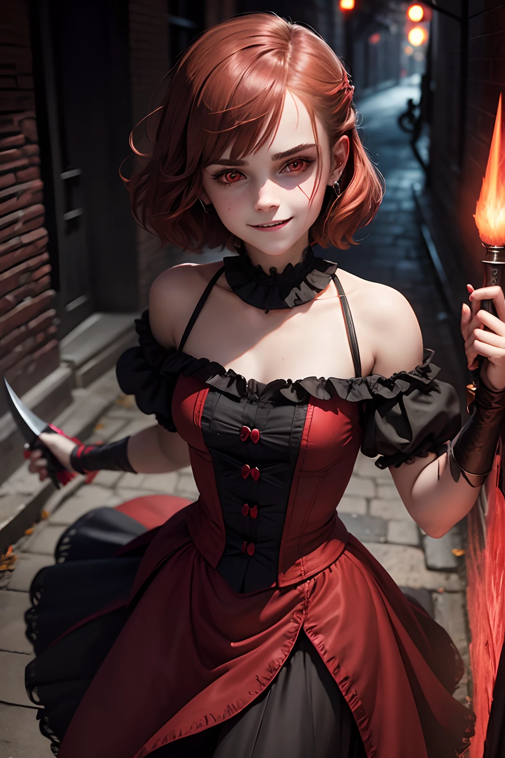 teen Emma Watson as a creepy sinister devilish clown with a demonic smile and long sharp teeth. red eyes. holding a curved blade. dark alley background.