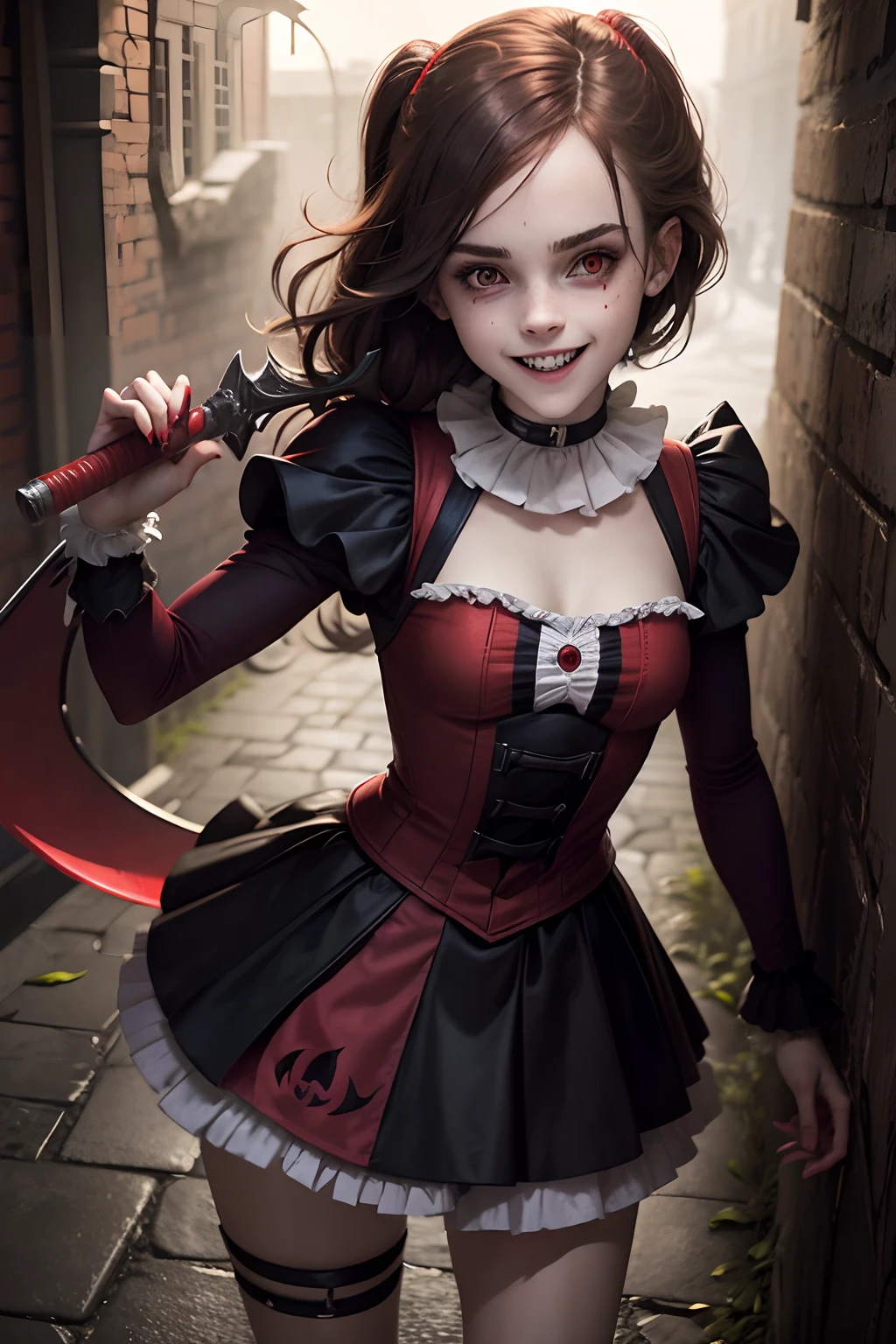 Emma Watson as a creepy sinister devilish clown with a demonic smile and long sharp teeth. red eyes. holding a curved blade. dark alley background.