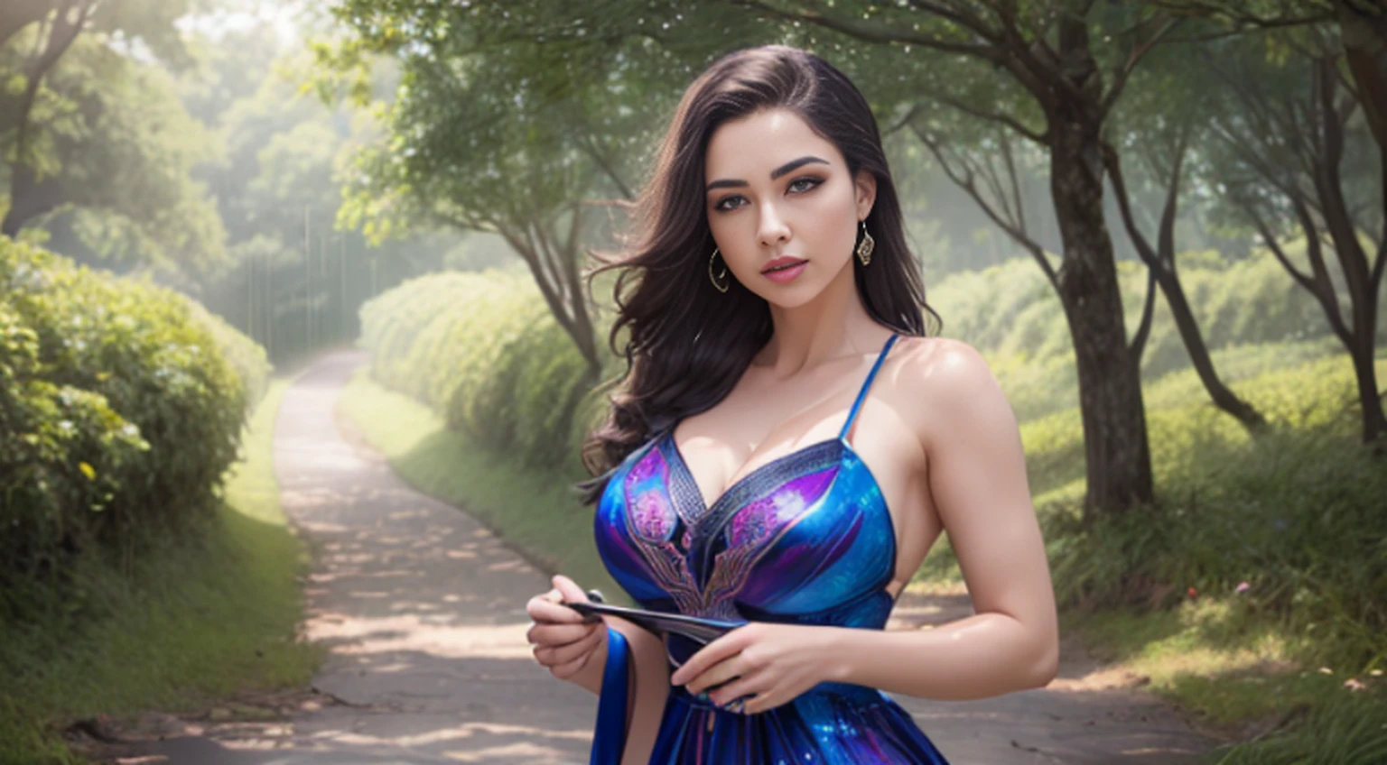 A woman in a light pink dress standing in a cherry forest, Artgerm, paisagem realista, Artgerm detalhado, olhos perfeitos, rosto perfeito, Ultra Detalhado, tiro de corpo inteiro, (Skindentation: 1.5), realista, realista, (obra-prima: 1.5), arte conceitual, detalhes intrincados, altamente detalhado, realista, octane rendering, 8K, motor irreal, dinamic pose, melhor qualidade, alta resolução, (rosto realista: 1.1), (hiper-realismo: 1.1) , ((full_body)), olhos perfeitos, (pele brilhante: 1.2), ((penteado))), ((perfect hands))), (fundo muito detalhado), ((dynamic background), ((rain day), (cerejeiras), ((1girl)), Vestindo um manto, (((Manto de fluxo))), ((Olhos detalhados, Olhos de alta qualidade, Rosto de alta qualidade)), vestido azul claro extremamente complexos, magical robes), magia, (dramatic), epic, campo de flores, profundidade de campo, bokeh, 4k, gotica, cinzas, particules.
