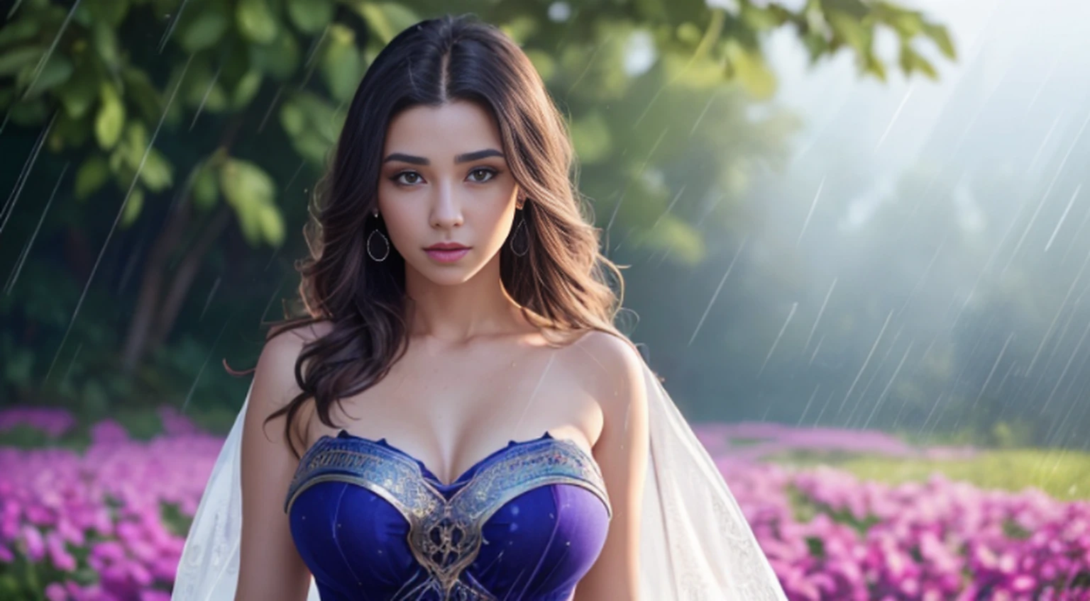 A woman in a light pink dress standing in a cherry forest, Artgerm, paisagem realista, Artgerm detalhado, olhos perfeitos, rosto perfeito, Ultra Detalhado, tiro de corpo inteiro, (Skindentation: 1.5), realista, realista, (obra-prima: 1.5), arte conceitual, detalhes intrincados, altamente detalhado, realista, octane rendering, 8K, motor irreal, dinamic pose, melhor qualidade, alta resolução, (rosto realista: 1.1), (hiper-realismo: 1.1) , ((full_body)), olhos perfeitos, (pele brilhante: 1.2), ((penteado))), ((perfect hands))), (fundo muito detalhado), ((dynamic background), ((rain day), (cerejeiras), ((1girl)), Vestindo um manto, (((Manto de fluxo))), ((Olhos detalhados, Olhos de alta qualidade, Rosto de alta qualidade)), vestido azul claro extremamente complexos, magical robes), magia, (dramatic), epic, campo de flores, profundidade de campo, bokeh, 4k, gotica, cinzas, particules.