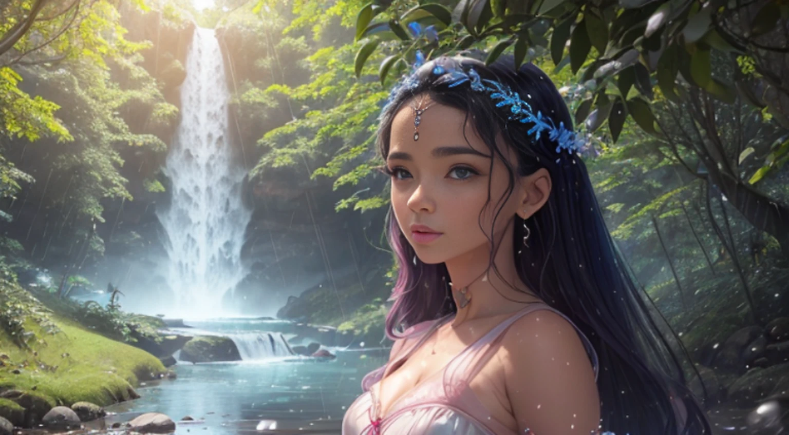A woman in a light pink dress standing in a cherry forest, Artgerm, paisagem realista, Artgerm detalhado, olhos perfeitos, rosto perfeito, Ultra Detalhado, tiro de corpo inteiro, (Skindentation: 1.5), realista, realista, (obra-prima: 1.5), arte conceitual, detalhes intrincados, altamente detalhado, realista, octane rendering, 8K, motor irreal, dinamic pose, melhor qualidade, alta resolução, (rosto realista: 1.1), (hiper-realismo: 1.1) , ((full_body)), olhos perfeitos, (pele brilhante: 1.2), ((penteado))), ((perfect hands))), (fundo muito detalhado), ((dynamic background), ((rain day), (cerejeiras), ((1girl)), Vestindo um manto, (((Manto de fluxo))), ((Olhos detalhados, Olhos de alta qualidade, Rosto de alta qualidade)), vestido azul claro extremamente complexos, magical robes), magia, (dramatic), epic, campo de flores, profundidade de campo, bokeh, 4k, gotica, cinzas, particules.