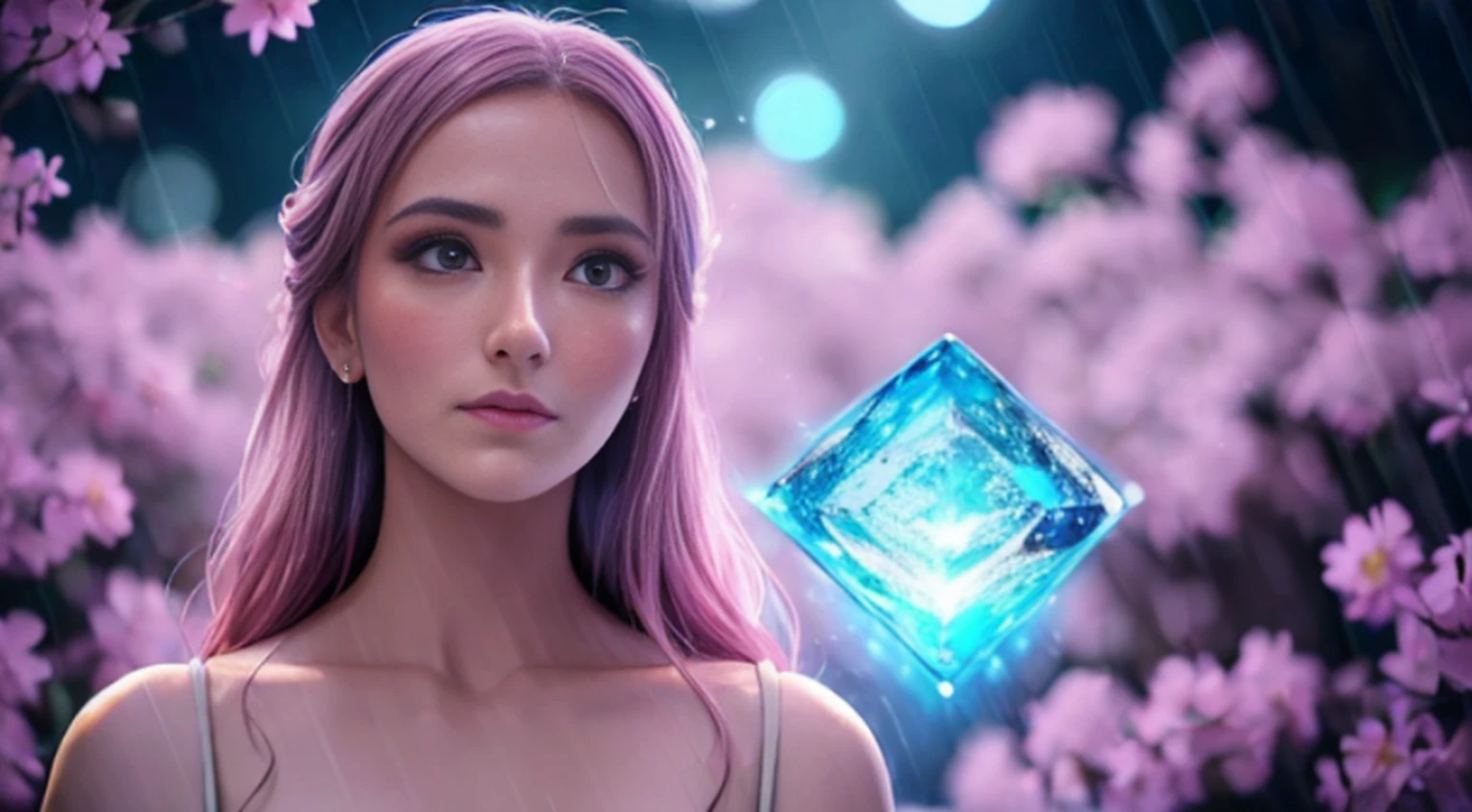 A woman in a light pink dress standing in a cherry forest, Artgerm, paisagem realista, Artgerm detalhado, olhos perfeitos, rosto perfeito, Ultra Detalhado, tiro de corpo inteiro, (Skindentation: 1.5), realista, realista, (obra-prima: 1.5), arte conceitual, detalhes intrincados, altamente detalhado, realista, octane rendering, 8K, motor irreal, dinamic pose, melhor qualidade, alta resolução, (rosto realista: 1.1), (hiper-realismo: 1.1) , ((full_body)), olhos perfeitos, (pele brilhante: 1.2), ((penteado))), ((perfect hands))), (fundo muito detalhado), ((dynamic background), ((rain day), (cerejeiras), ((1girl)), Vestindo um manto, (((Manto de fluxo))), ((Olhos detalhados, Olhos de alta qualidade, Rosto de alta qualidade)), vestido azul claro extremamente complexos, magical robes), magia, (dramatic), epic, campo de flores, profundidade de campo, bokeh, 4k, gotica, cinzas, particules.