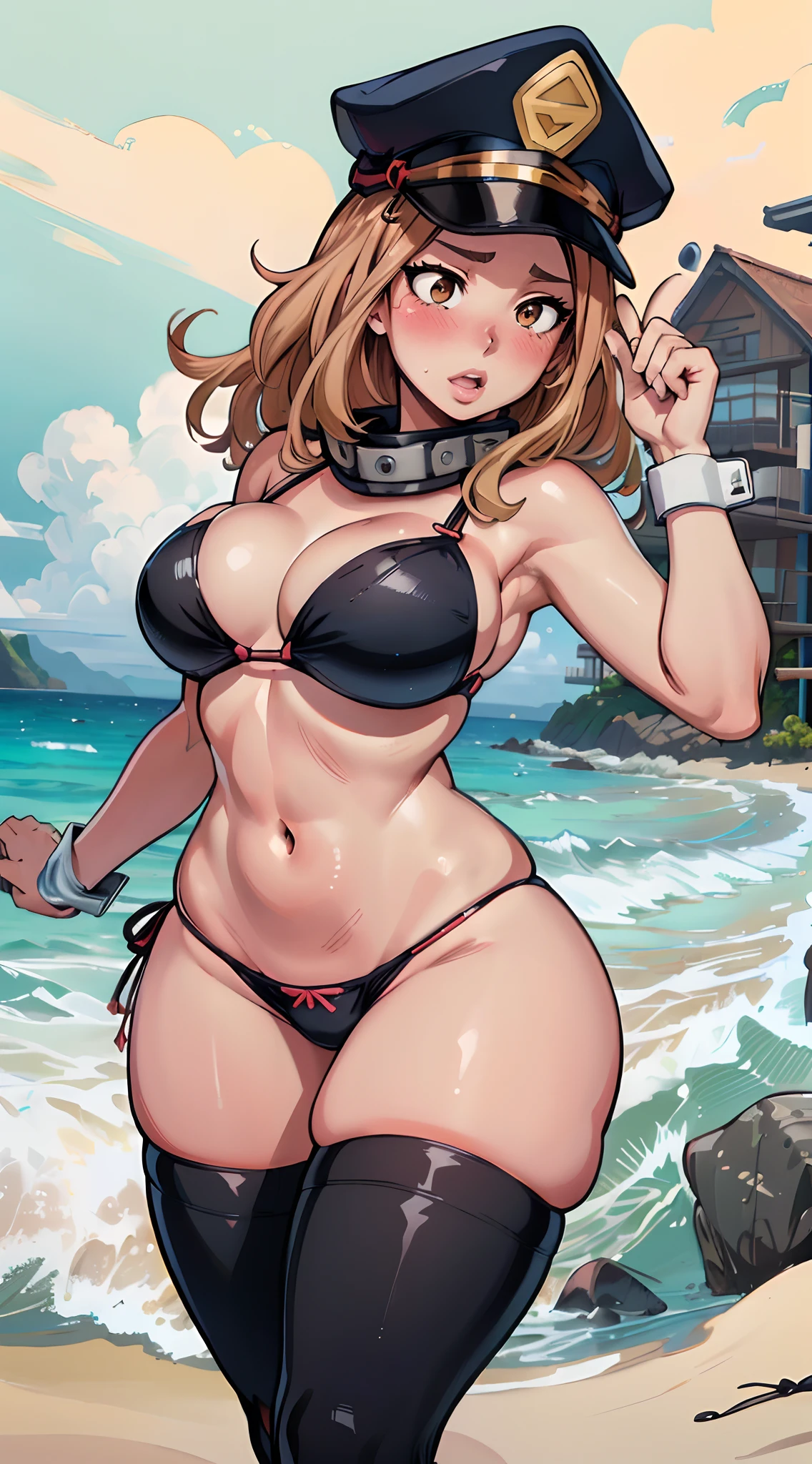 (best quality:1.3), (qualidade 4K), Camie Utsushimi por Boku no Hero, sozinho, ((corar)), ((Rosto detalhado)), ((body curvy)), (peitos grandes), corpo sexy, ((Praia)), ((Clack pine bikini)), ((police cap))