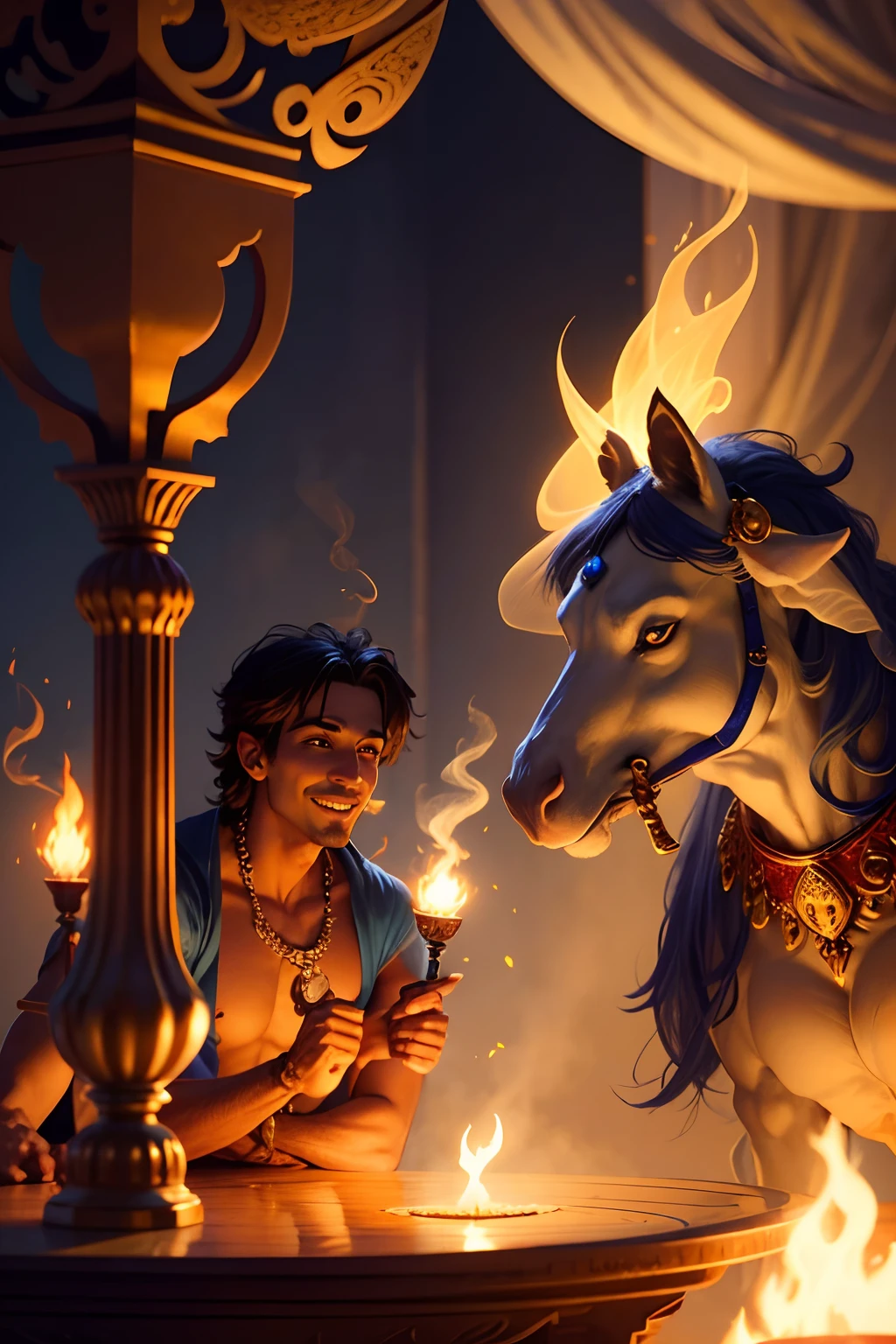 Arabian tale. 1000 year. Aladdin and his magic lamp. Genie in the form of smoke flowing from a lamp with a wide smile, Cartoon characters. Close-up. Lots of details. Super realistic. Cinematic. Blurred fairy tale background. Light haze