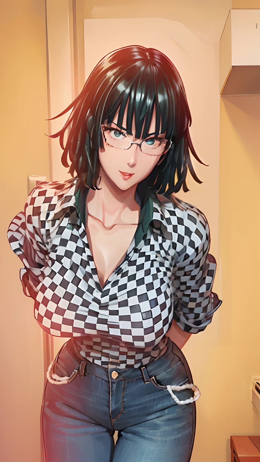score_9,score_8_up,score_7_up,score_6_up,score_5_up,score_4_up BREAK skinny,choker, medium breasts, indoors ,shiny skin,bokeh,bloom,indoors,light particles, bedroom,1girl, clear eyes, Maki zenin, green hair, ponytail hair, glasses, yellow eyes, mature female, perfect model body, blush, black lace robe, black lingerie, seductive pose, red lips