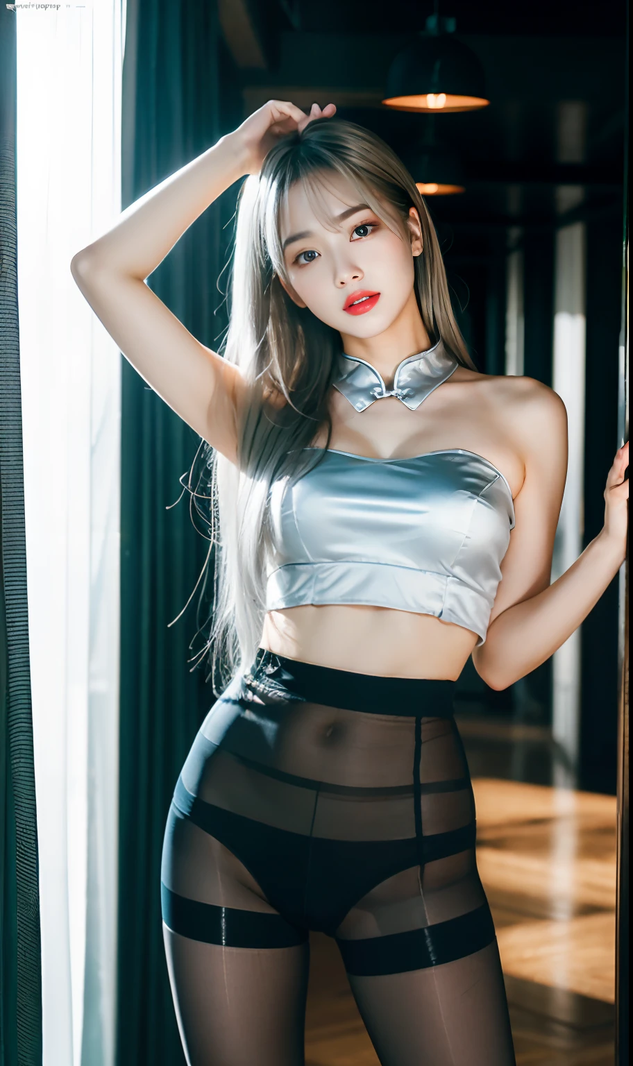 ulzzang-6500-v1.1,(raw photo:1.2), (photorealistic:1.4), beautiful detailed girl, very detailed eyes and face, beautiful detailed eyes, ridiculous, incredibly ridiculous, huge file size, super detailed, high resolution, very detailed, best quality, masterpiece, ((Chinese qipao)), illustration, CG, unity, 8k wallpaper, amazing, fine details, face light, movie lighting, 1girl, , (()), ((dynamic pose))), (half), ((pantyhose)), ((long silver hair))), official clothing