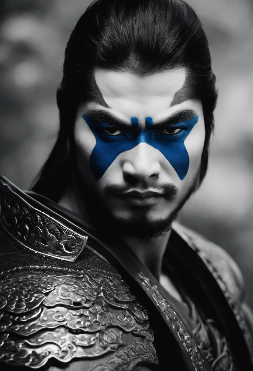 Rosto de um samurai azul preto e branco