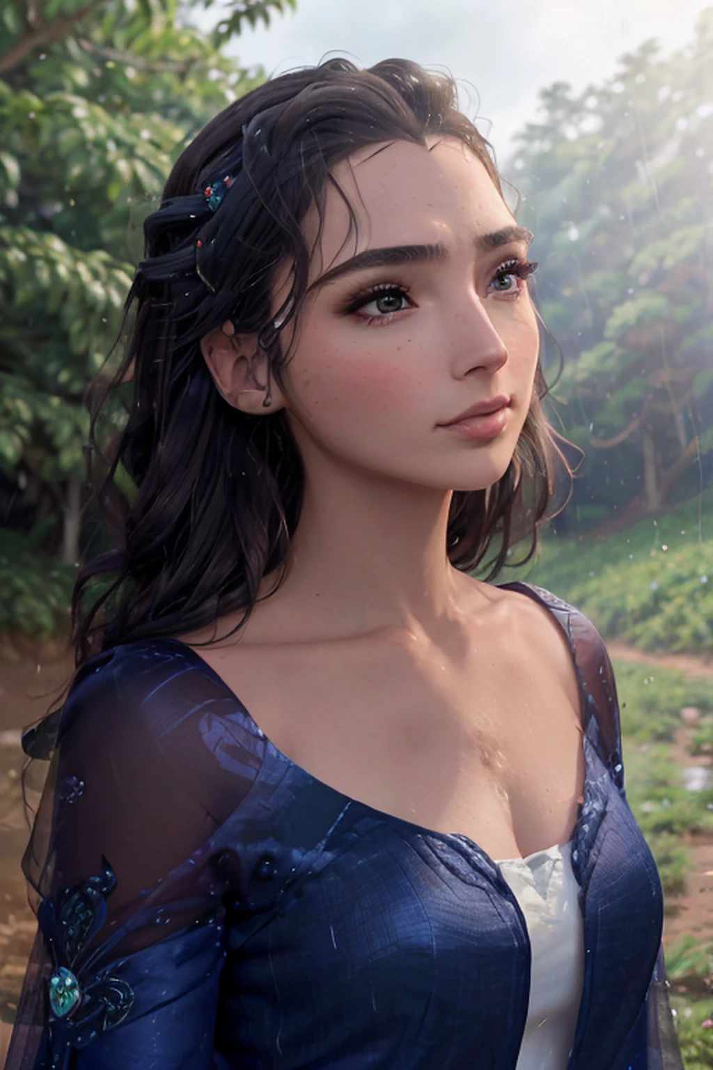 A woman in a light pink dress standing in a cherry forest, Artgerm, paisagem realista, Artgerm detalhado, olhos perfeitos, rosto perfeito, Ultra Detalhado, tiro de corpo inteiro, (Skindentation: 1.5), realista, realista, (obra-prima: 1.5), arte conceitual, detalhes intrincados, altamente detalhado, realista, octane rendering, 8K, motor irreal, dinamic pose, melhor qualidade, alta resolução, (rosto realista: 1.1), (hiper-realismo: 1.1) , ((full_body)), olhos perfeitos, (pele brilhante: 1.2), ((penteado))), ((perfect hands))), (fundo muito detalhado), ((dynamic background), ((rain day), (cerejeiras), ((1girl)), Vestindo um manto, (((Manto de fluxo))), ((Olhos detalhados, Olhos de alta qualidade, Rosto de alta qualidade)), vestido azul claro extremamente complexos, magical robes), magia, (dramatic), epic, campo de flores, profundidade de campo, bokeh, 4k, gotica, cinzas, particules.